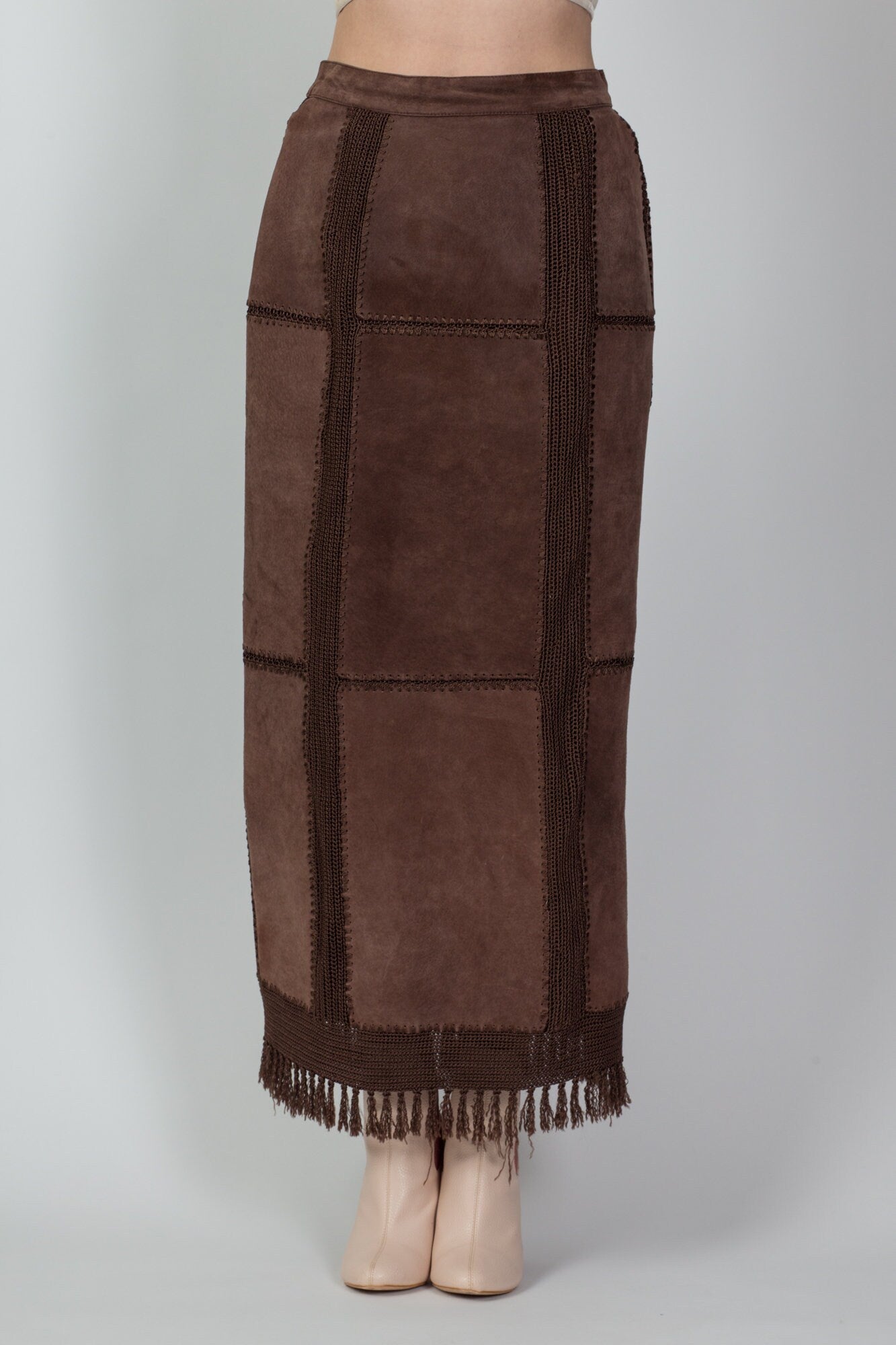 90s Suede Crochet Patchwork Maxi Skirt - Medium, 28.5" 