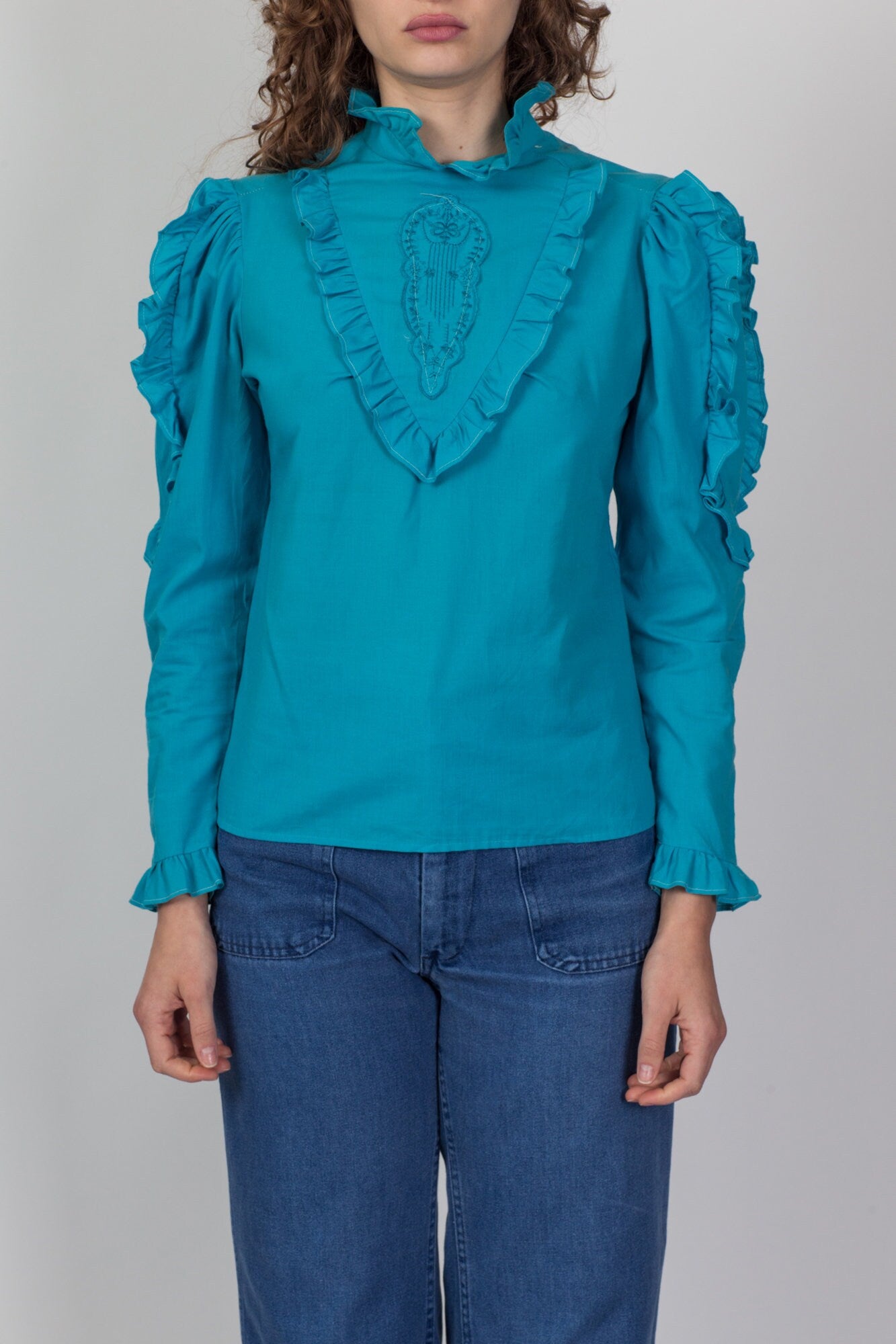 70s Does Victorian Blue Puff Sleeve Blouse - Small 