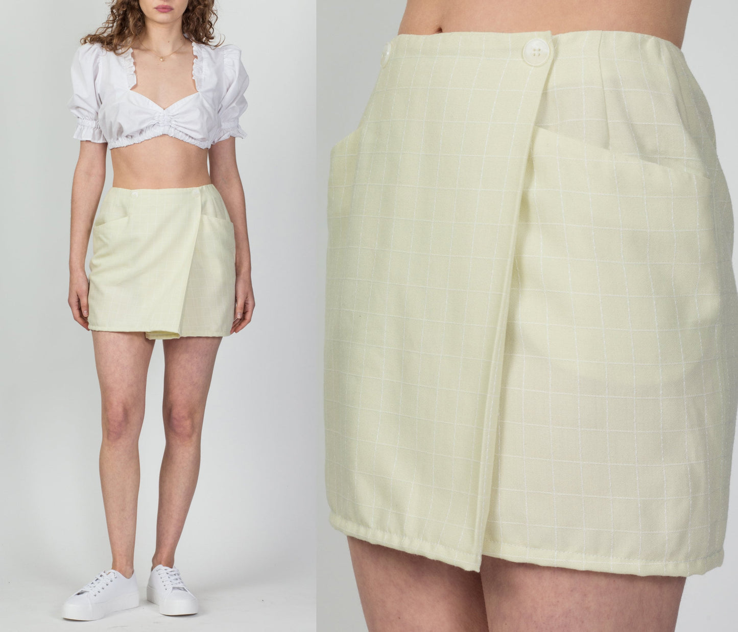 80s 90s Green Chantilly Grid Print Mini Wrap Skirt - Small, 26.5" 