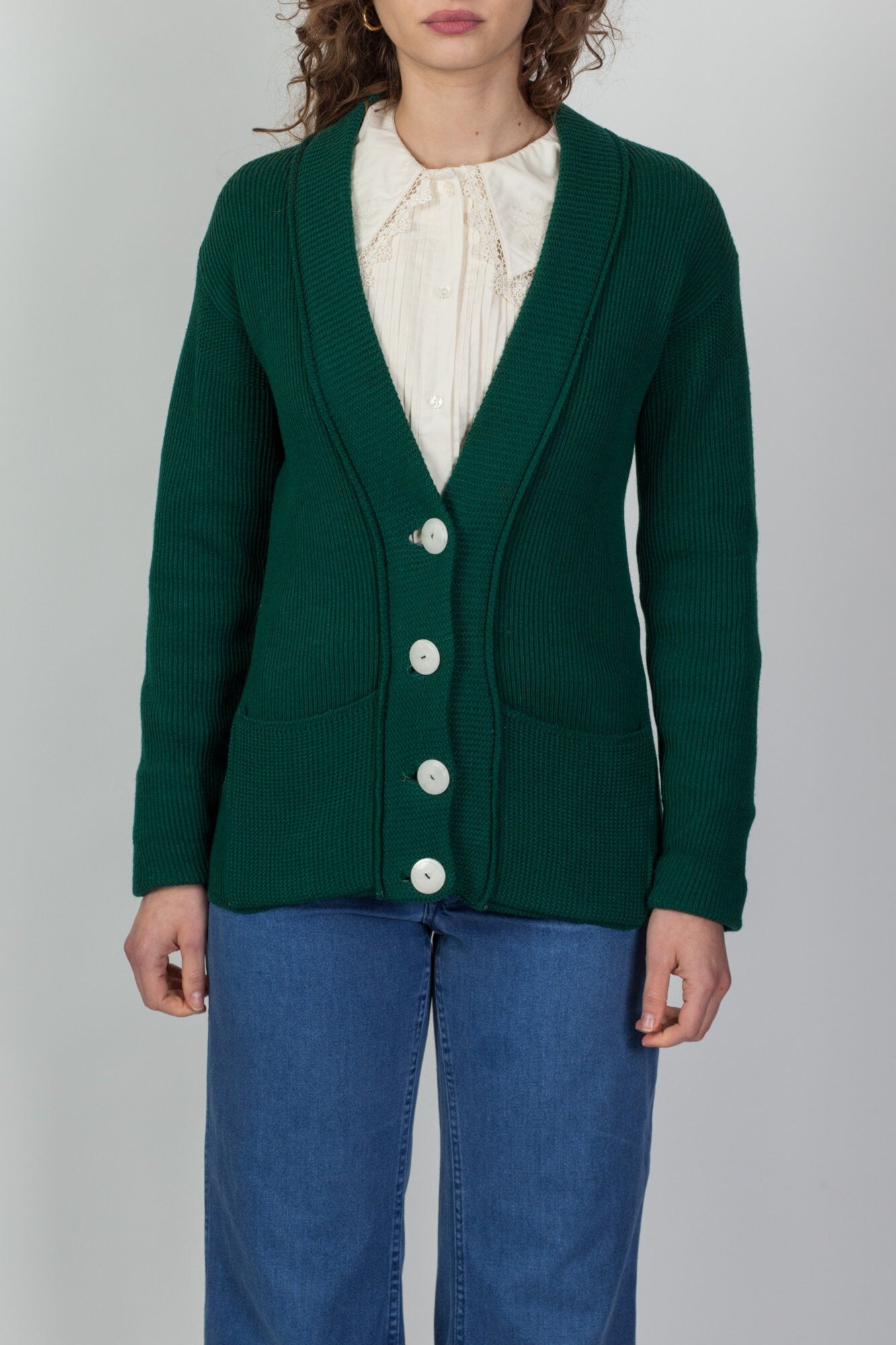 50s 60s Emerald Green Wool Knit Cardigan - Medium 