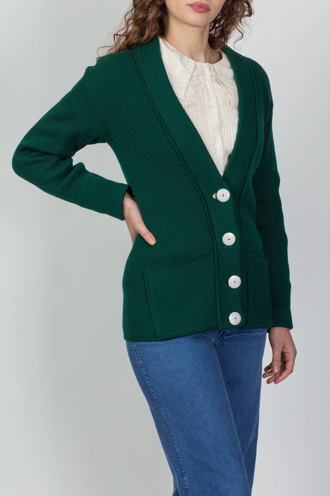 50s 60s Emerald Green Wool Knit Cardigan - Medium 