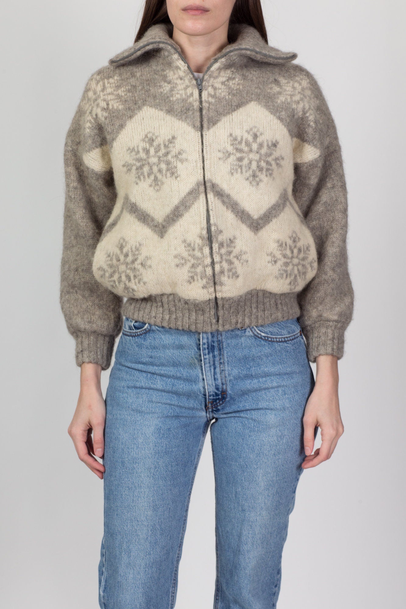 70s Hilda Icelandic Cropped Snowflake Sweater Coat - Women's Small 