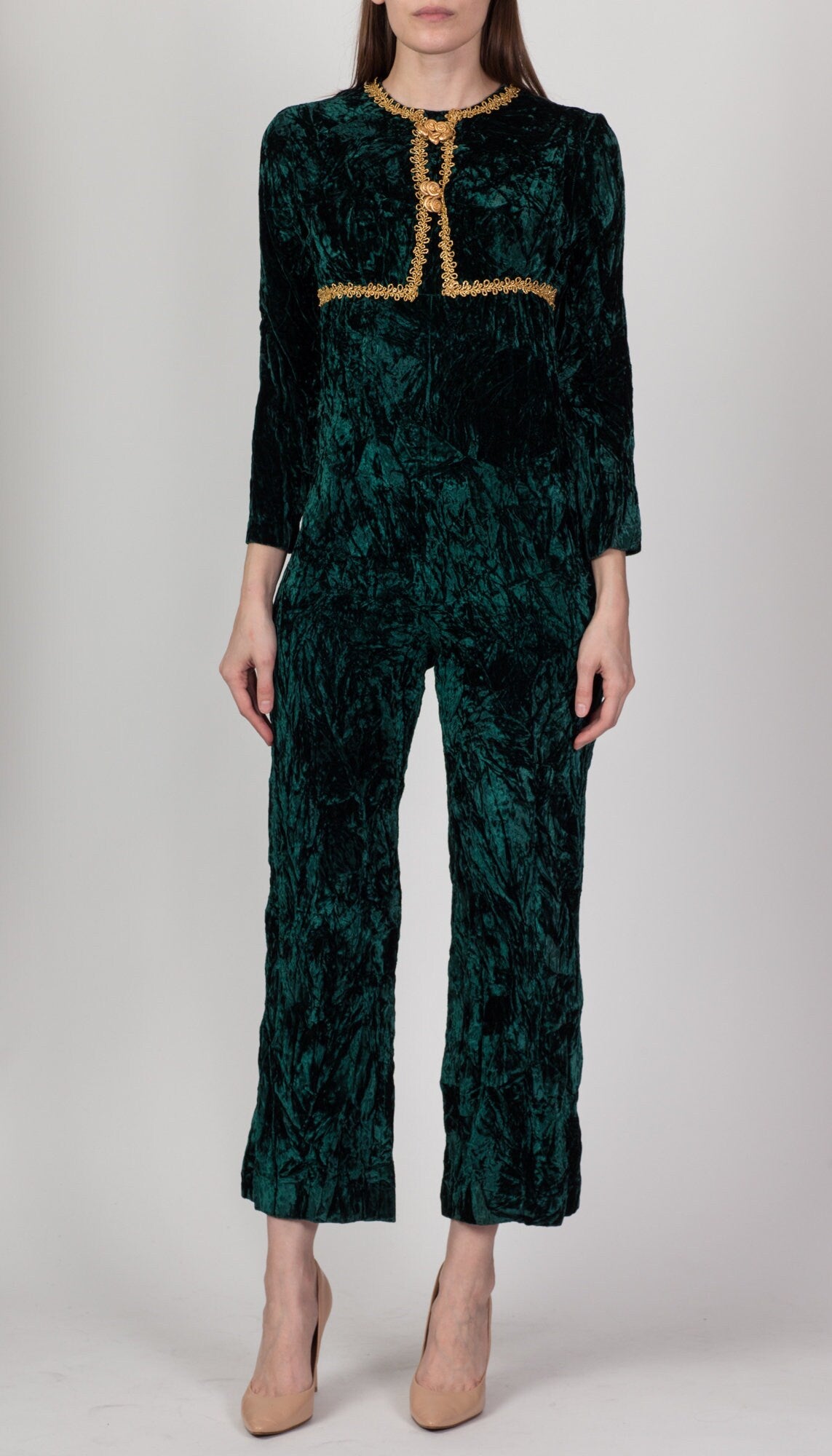 60s Green & Gold Crushed Velvet Jumpsuit - Petite Small 