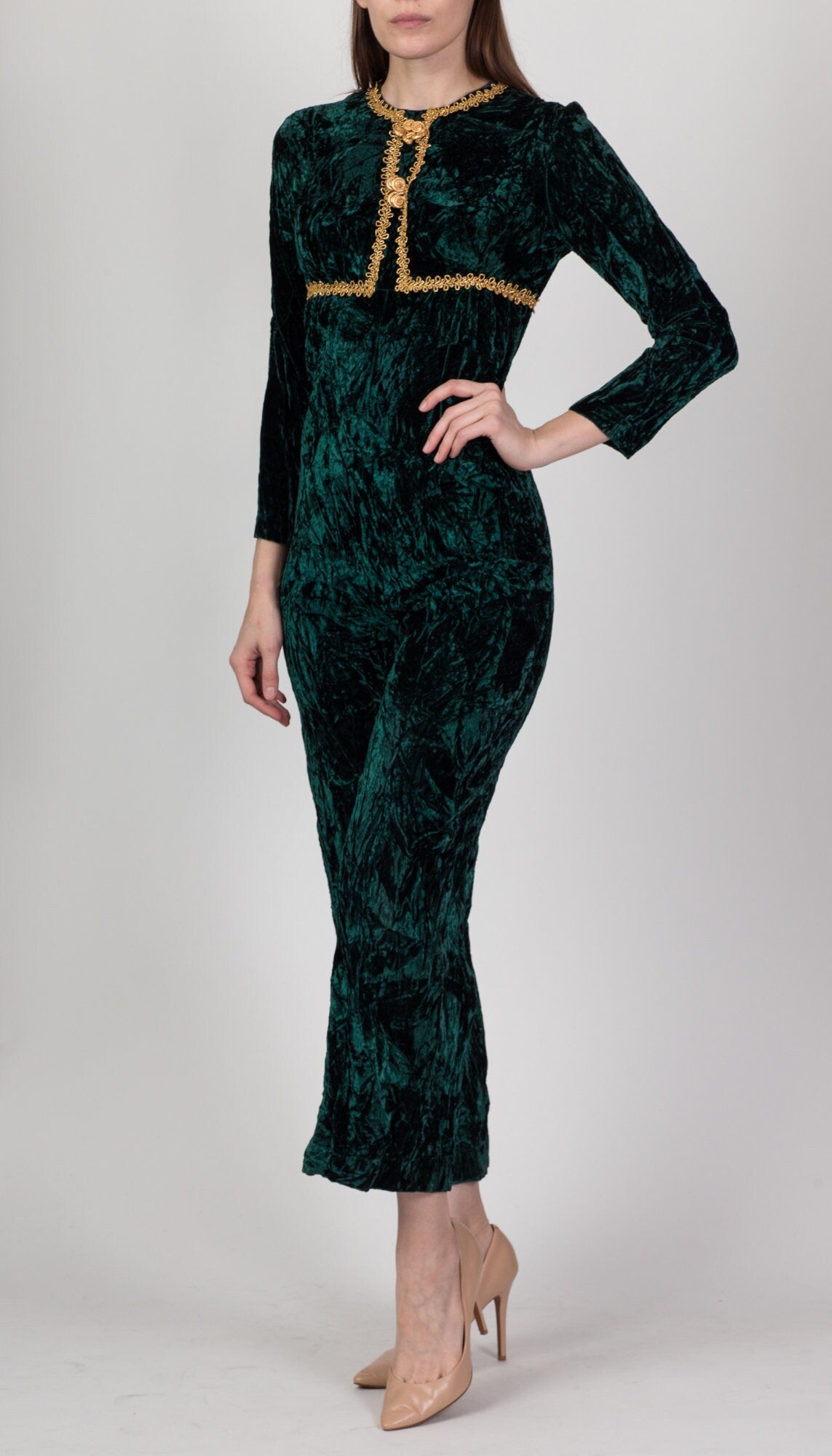 60s Green & Gold Crushed Velvet Jumpsuit - Petite Small 
