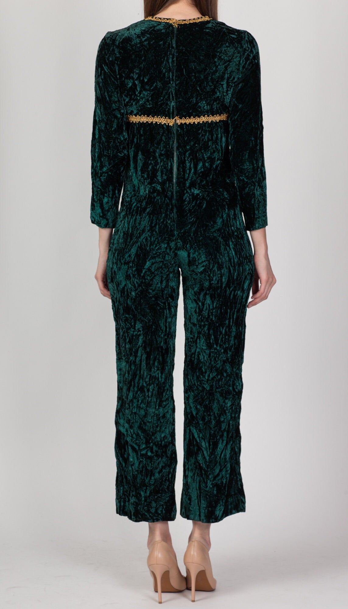 60s Green & Gold Crushed Velvet Jumpsuit - Petite Small 