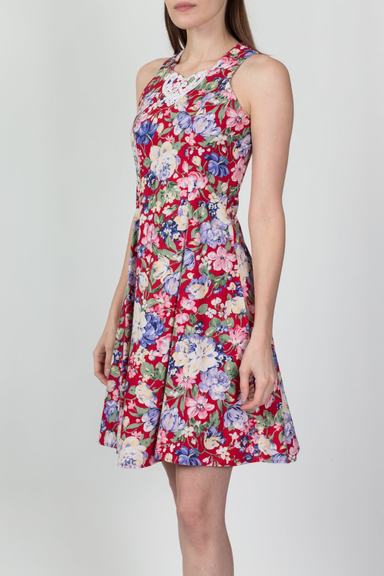 Vintage Jessica McClintock Red Floral Mini Dress - Extra Small 