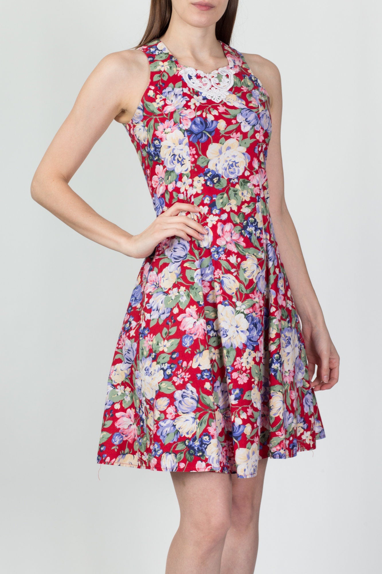 Vintage Jessica McClintock Red Floral Mini Dress - Extra Small 