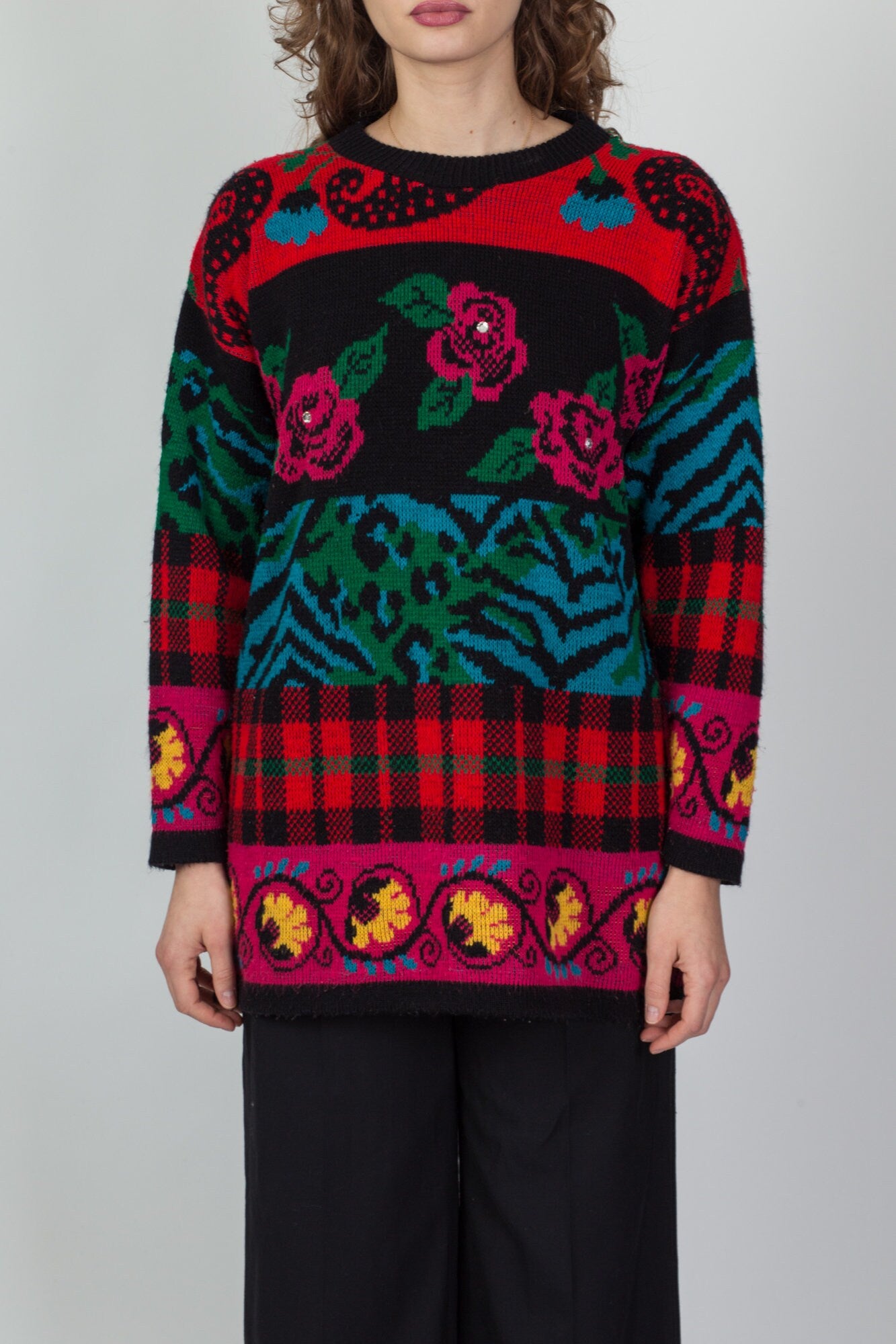 Vintage 80s Floral & Plaid Sweater - Large 