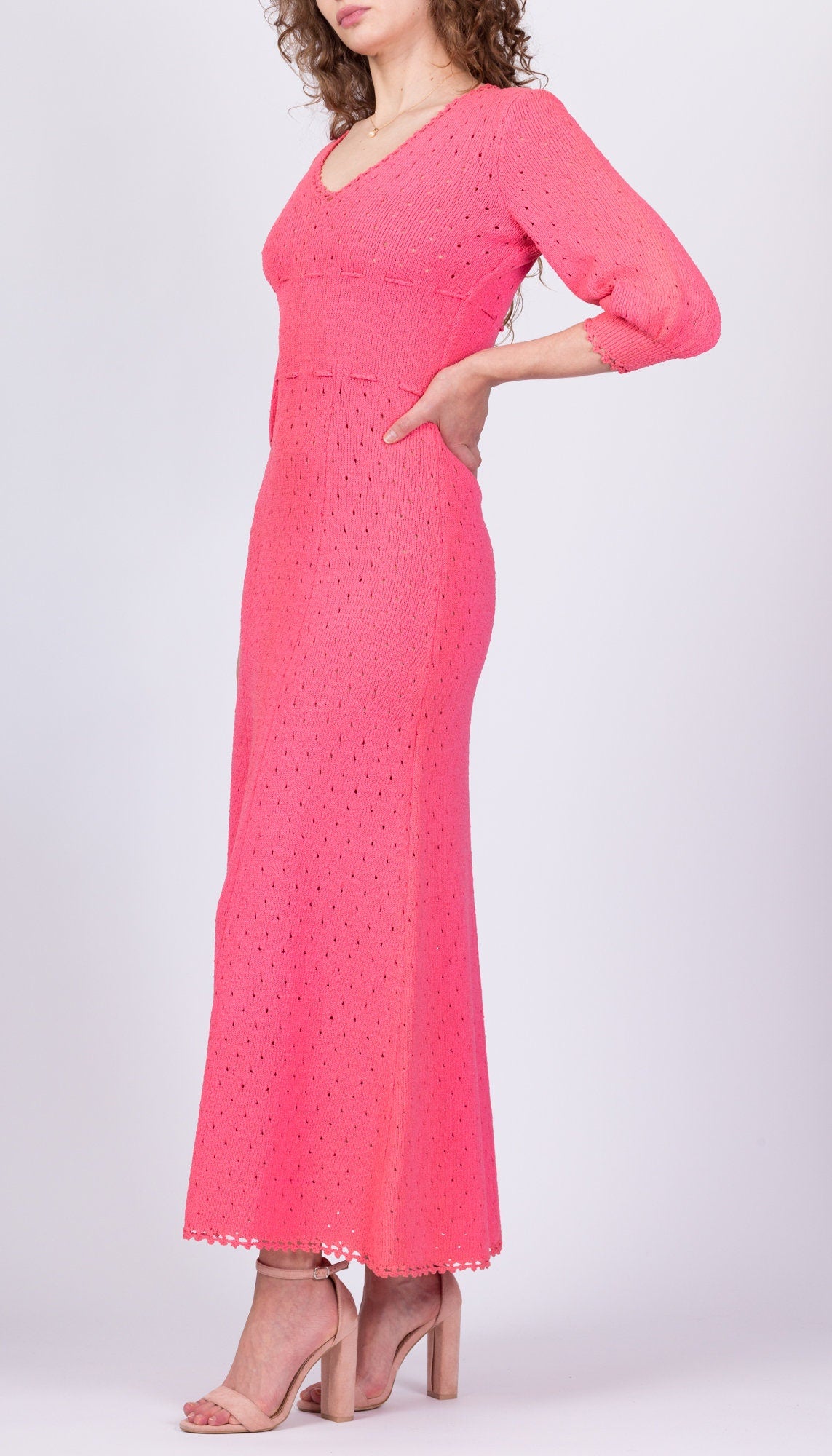 70s Picardo Knits Pink Eyelet Maxi Dress - Medium 
