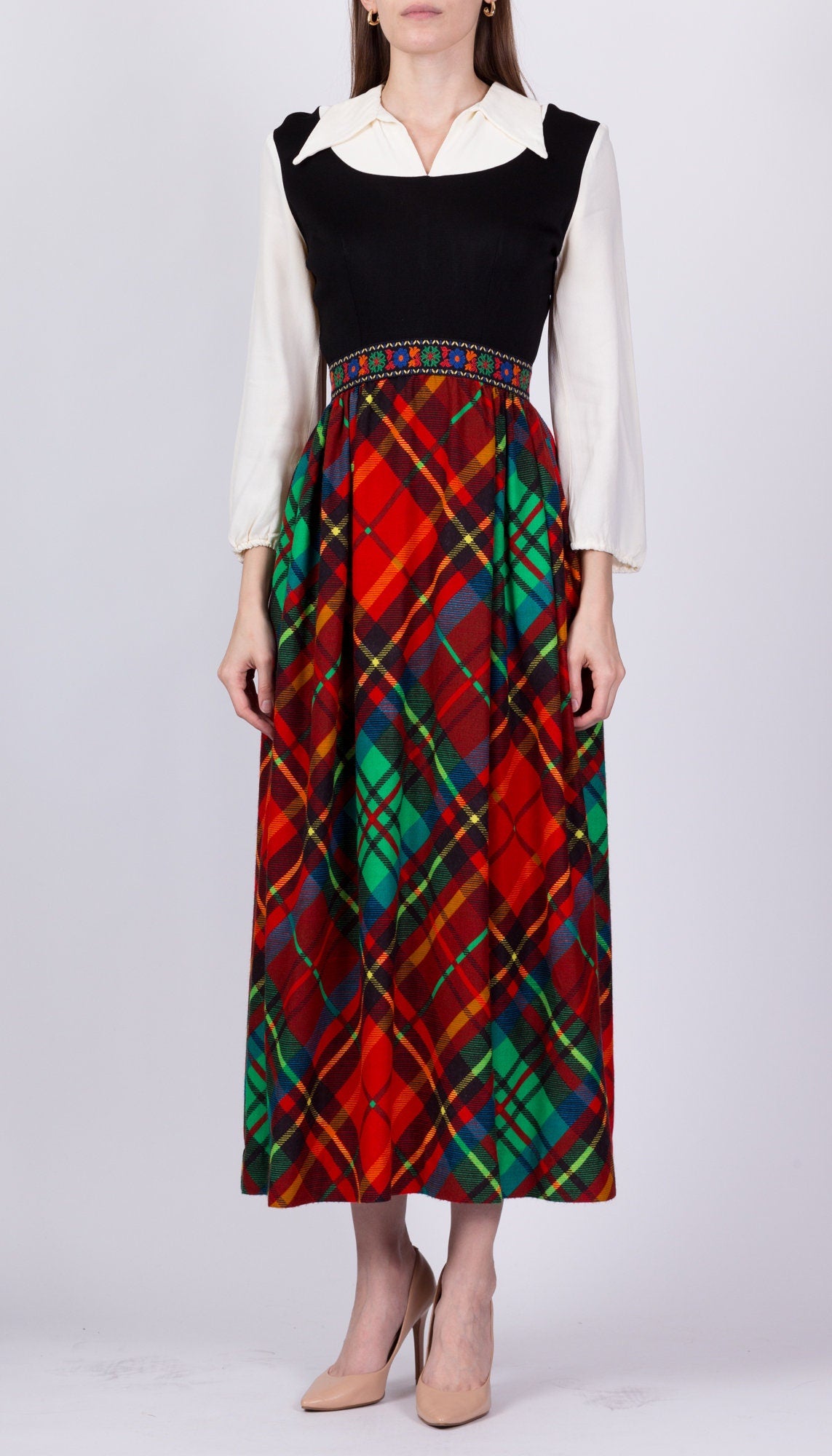 70s Plaid Hostess Maxi Dress - XS to Small 