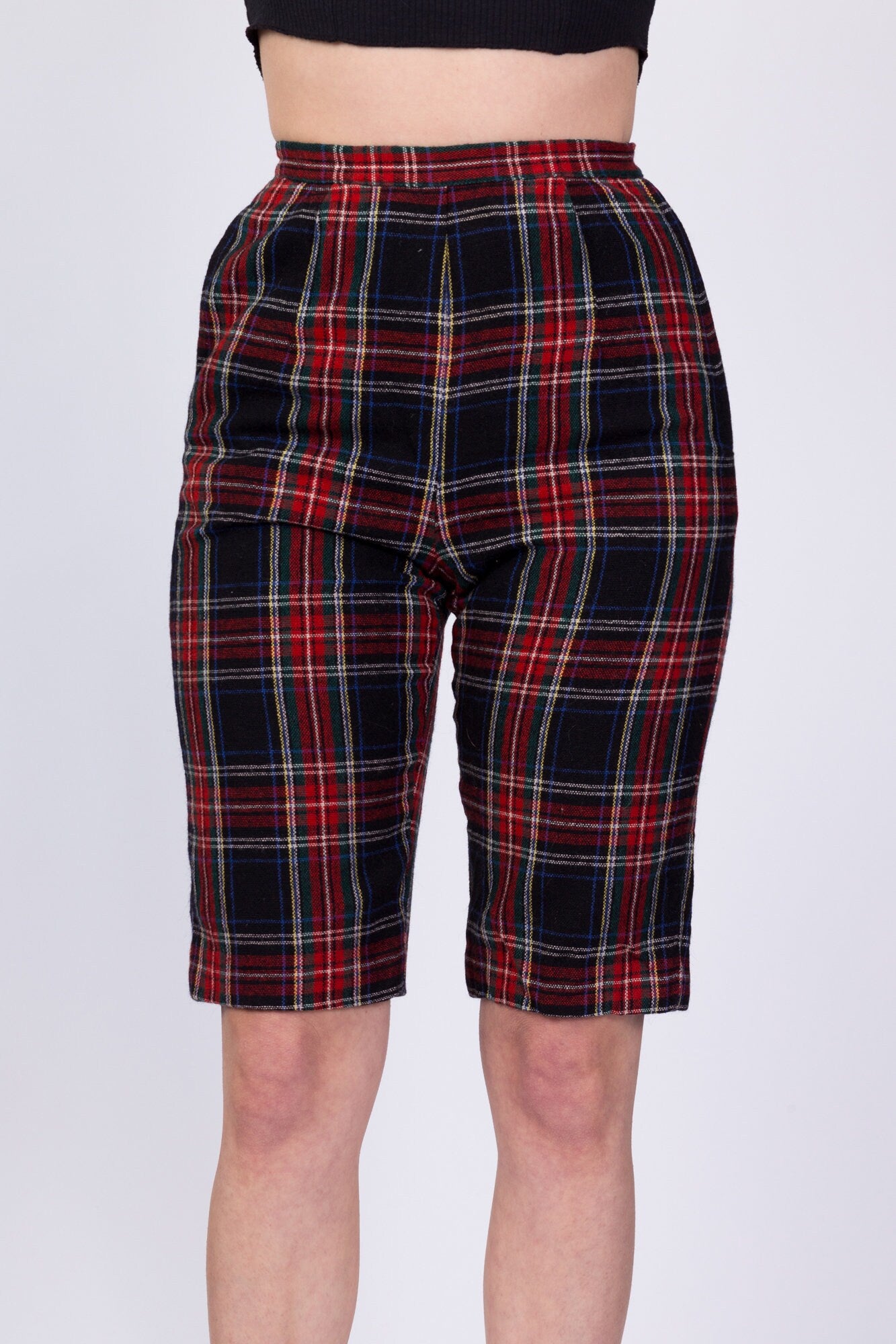 70s Red & Black Plaid Long Fitted Shorts - Extra Small, 24" 