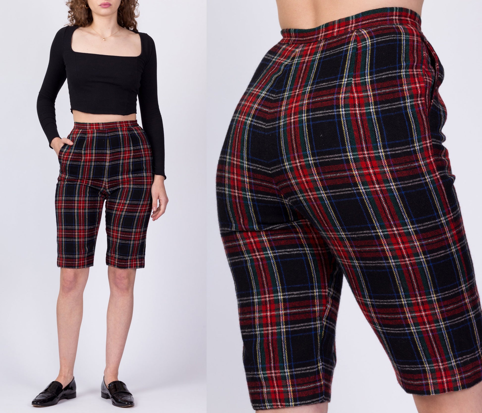 70s Red & Black Plaid Long Fitted Shorts - Extra Small, 24" 