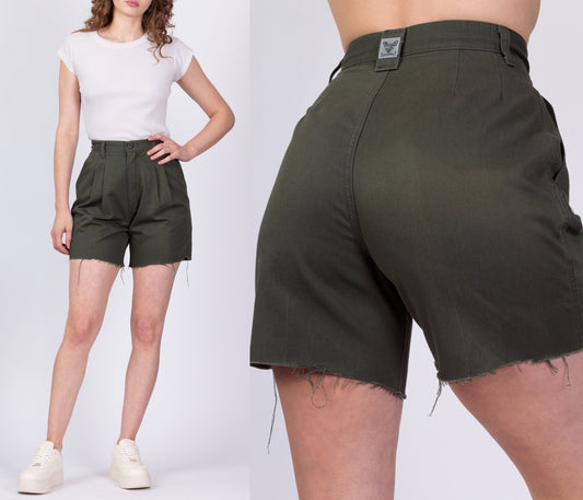 XS 90s Olive Drab High Waist Cut-Off Shorts 25" | Vintage Wrangler Casuals Pleated Army Green Mom Shorts