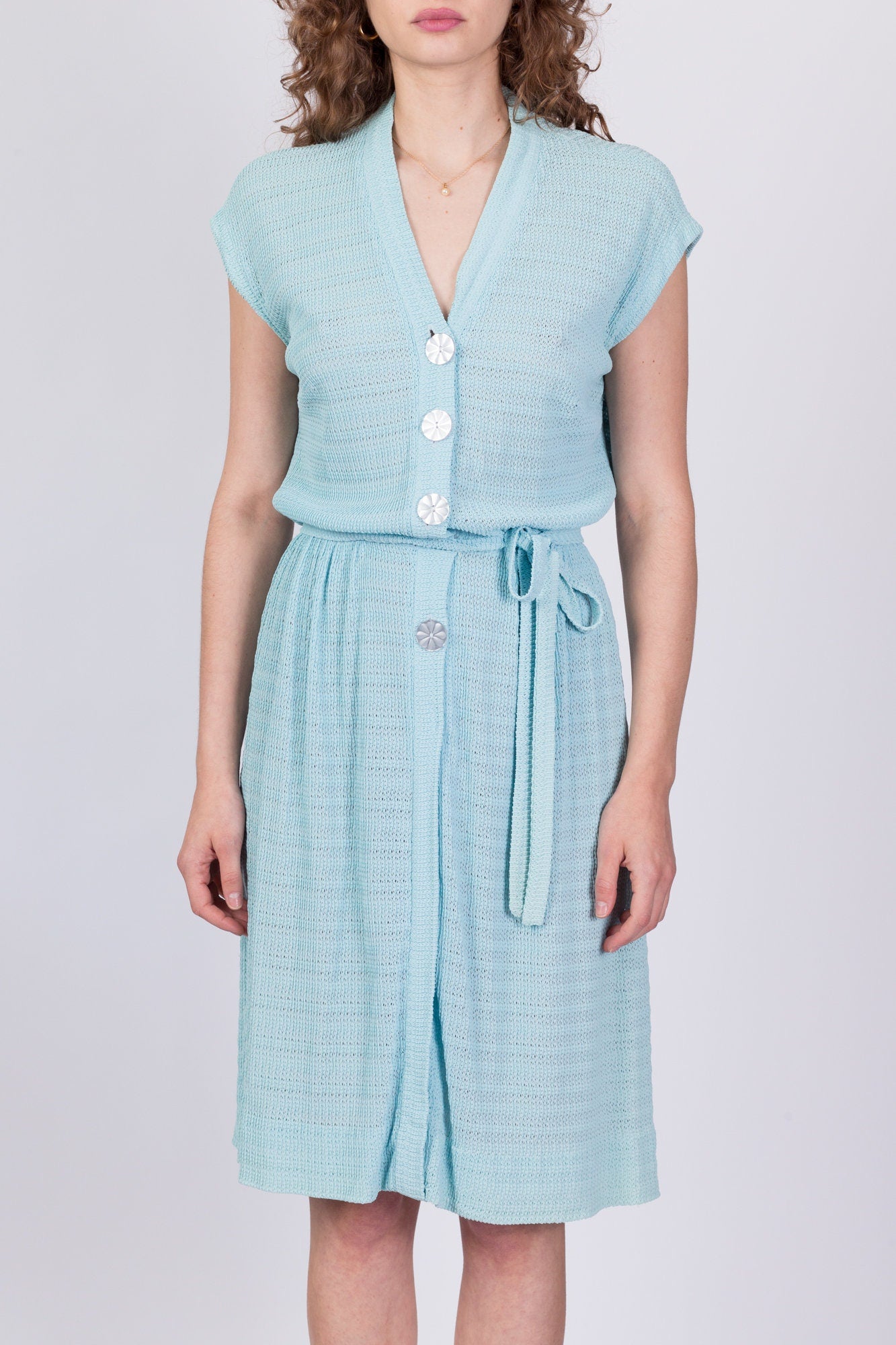 40s Robin's Egg Blue Knit Button Up Day Dress - Medium 