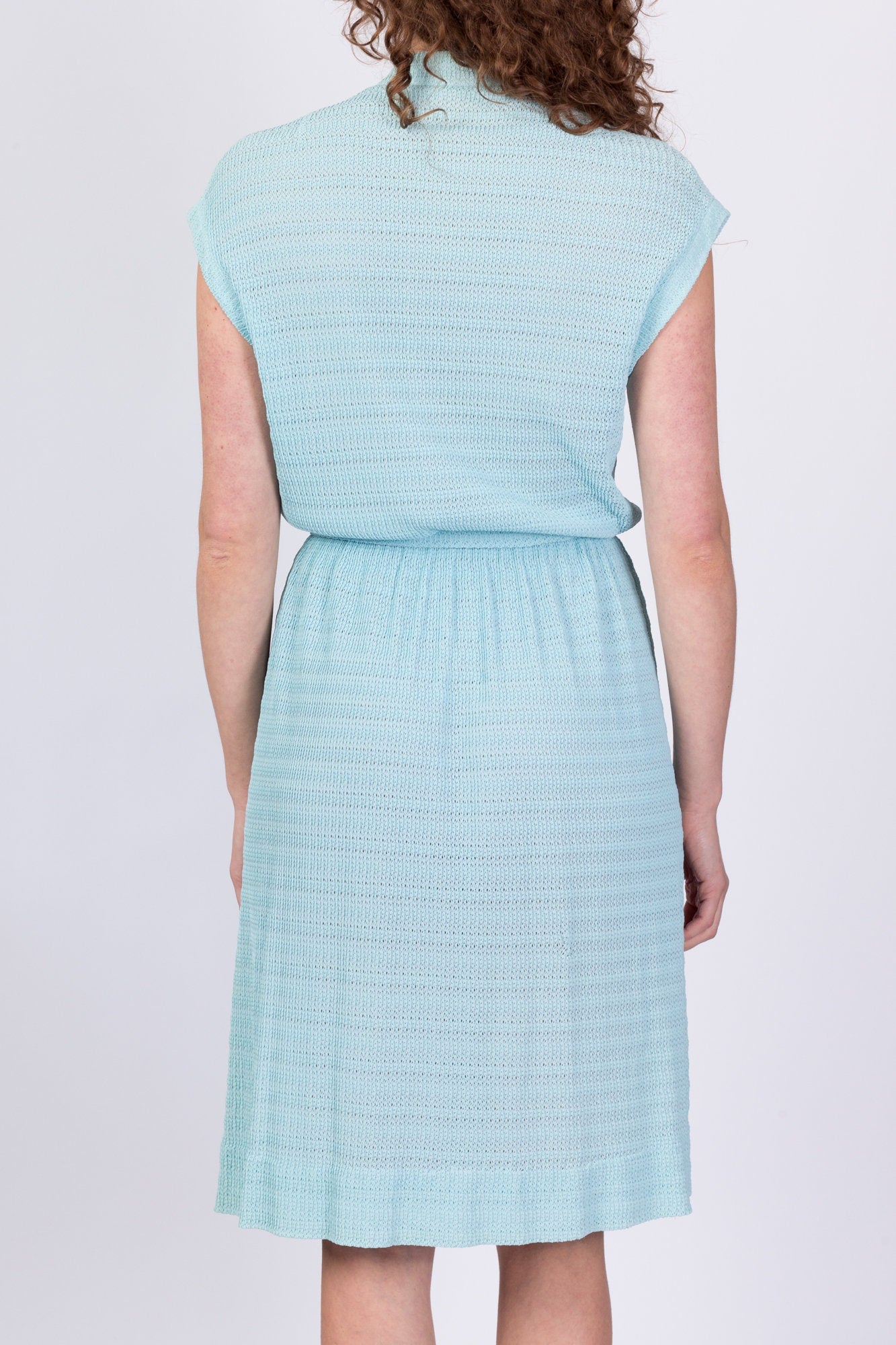40s Robin's Egg Blue Knit Button Up Day Dress - Medium 