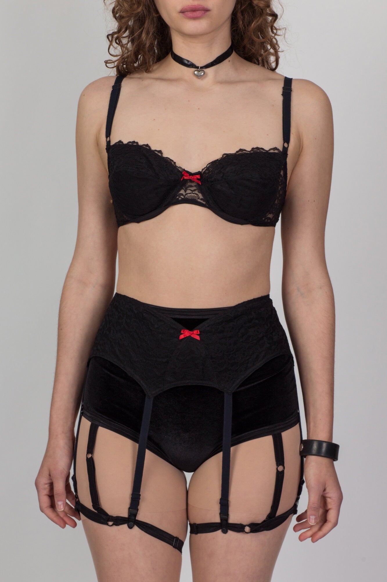 70s 80s Deadstock Black Lace Lingerie Set - Medium 