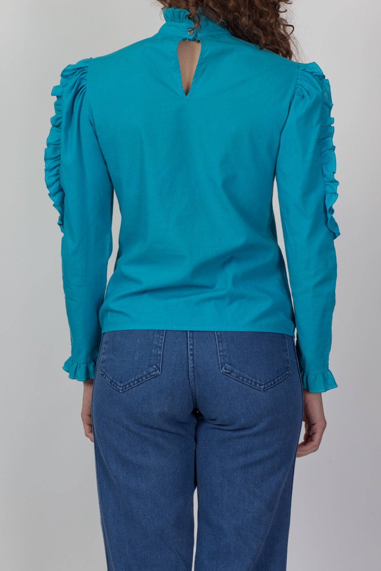 70s Does Victorian Blue Puff Sleeve Blouse - Small 