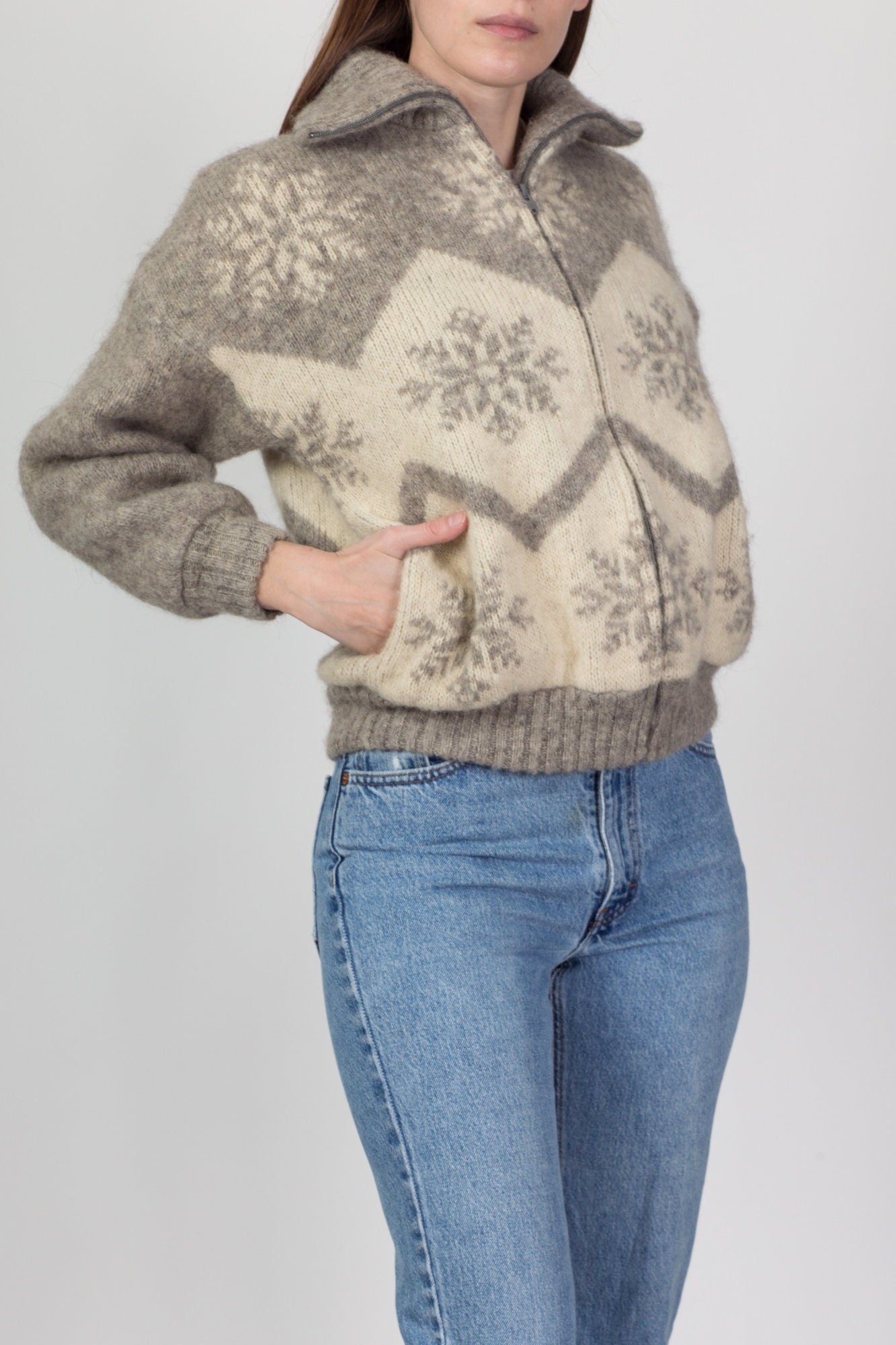 70s Hilda Icelandic Cropped Snowflake Sweater Coat - Women's Small 