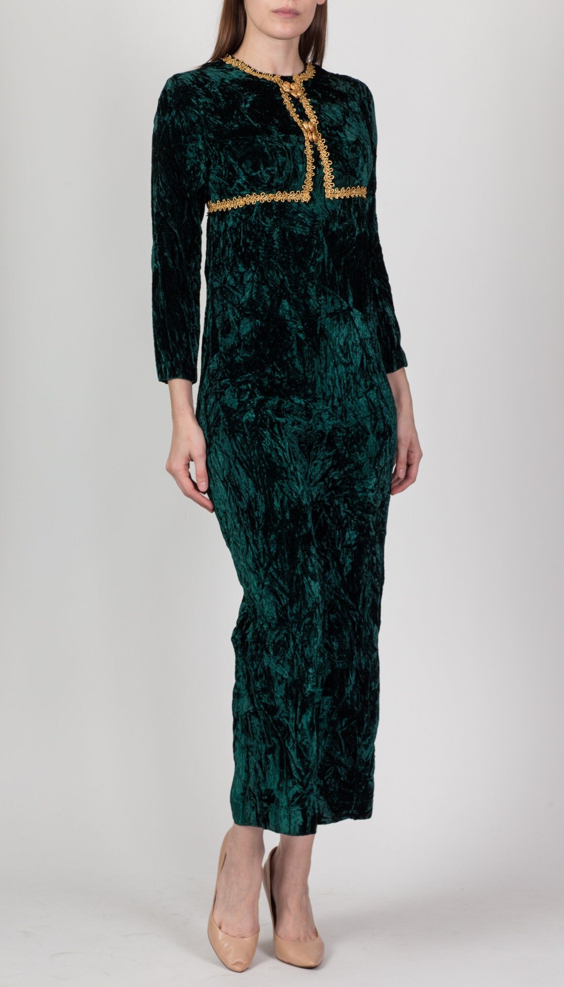 60s Green & Gold Crushed Velvet Jumpsuit - Petite Small 