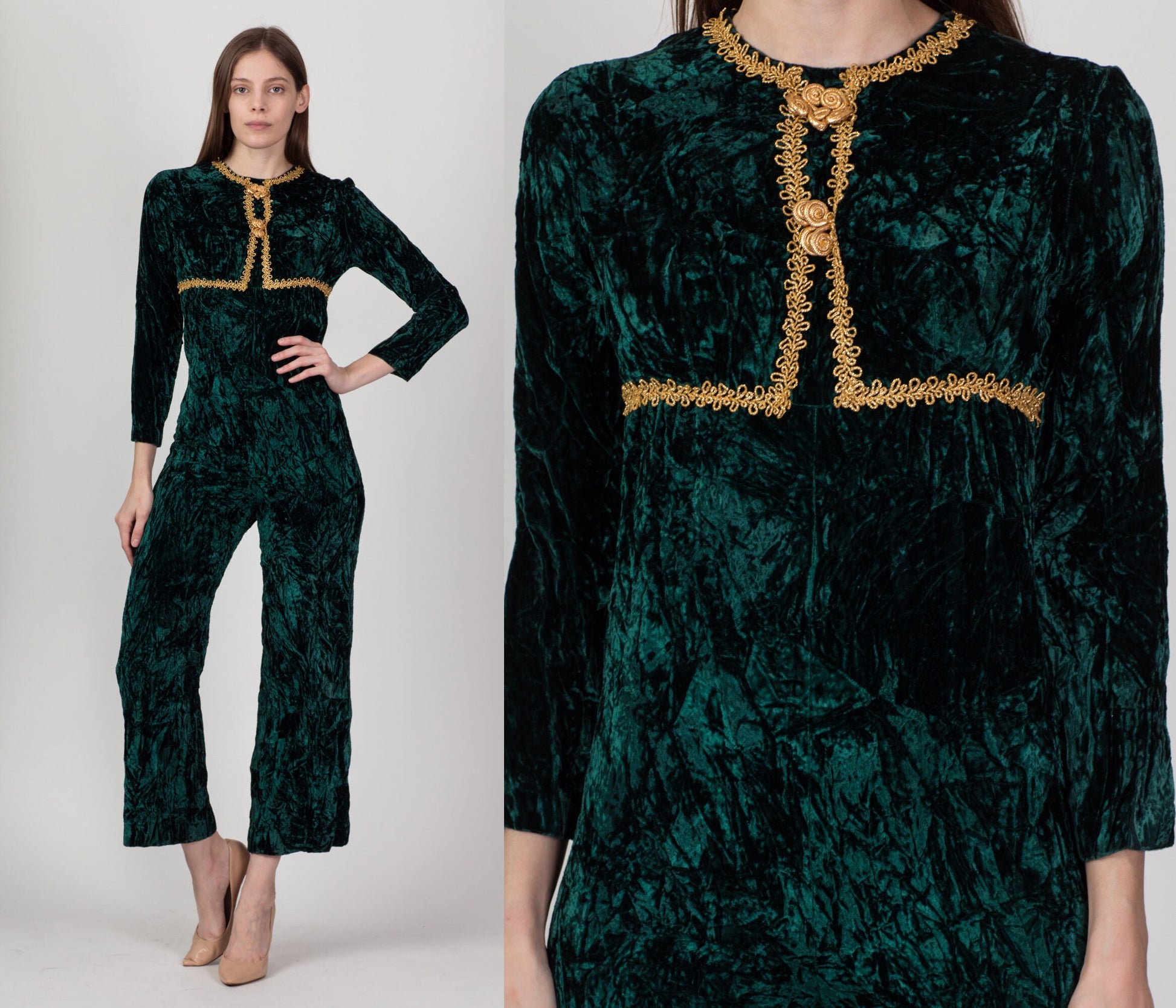 60s Green & Gold Crushed Velvet Jumpsuit - Petite Small 