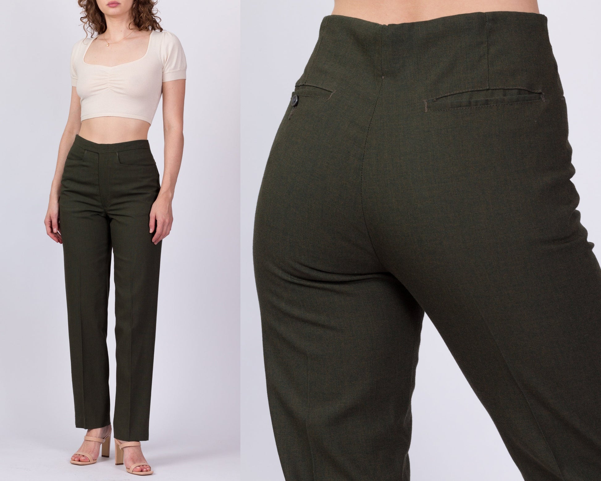 70s Men's Army Green Slim Tapered Trousers - 31" Waist 