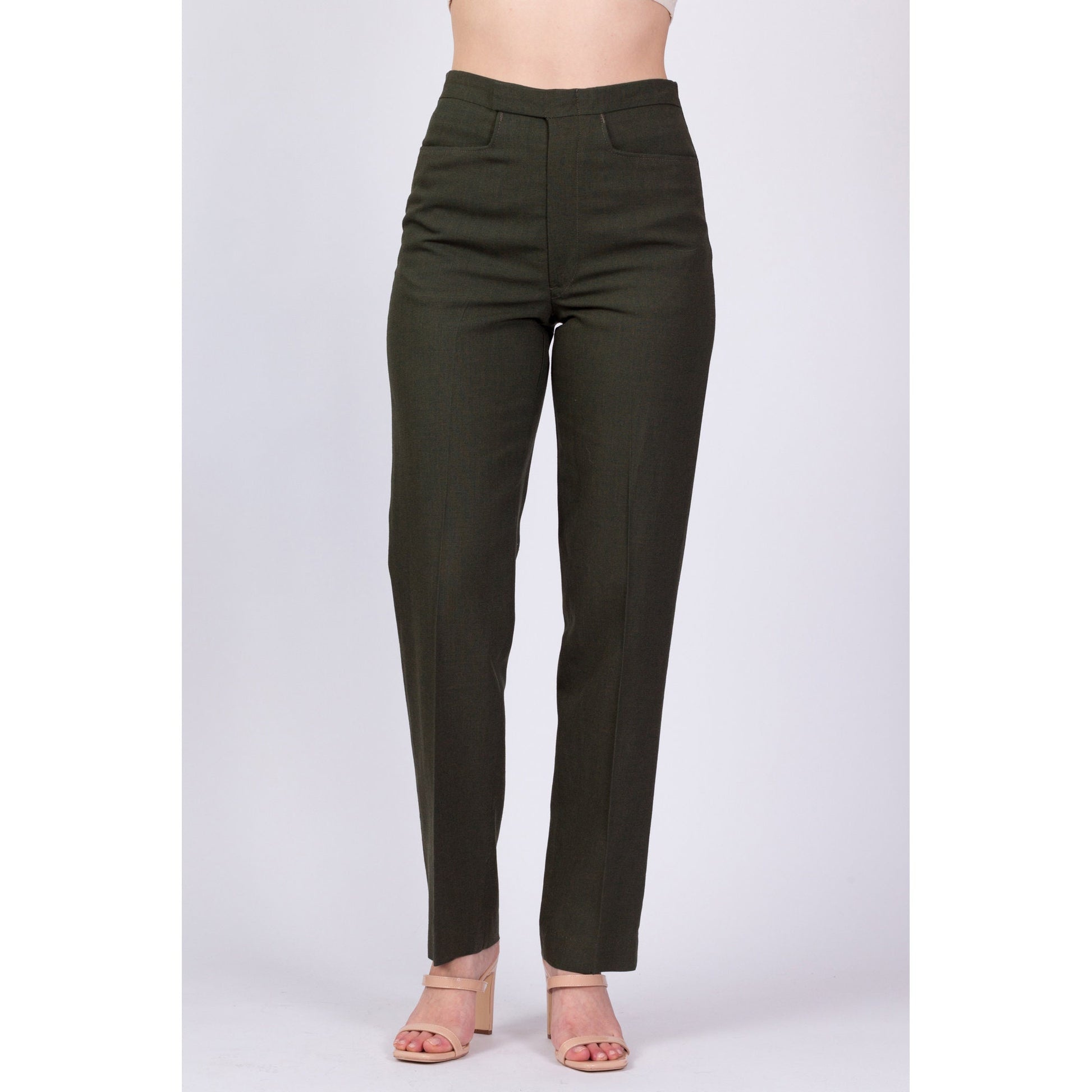 70s Men's Army Green Slim Tapered Trousers - 31" Waist 