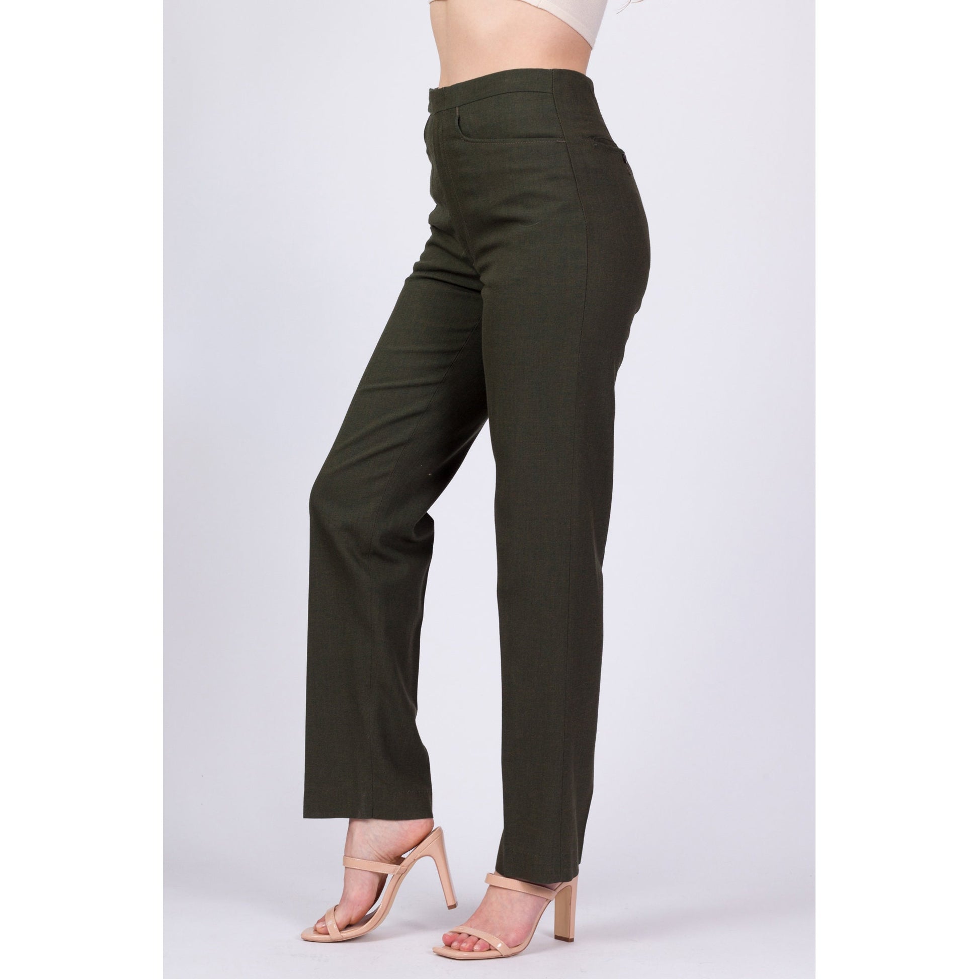 70s Men's Army Green Slim Tapered Trousers - 31" Waist 