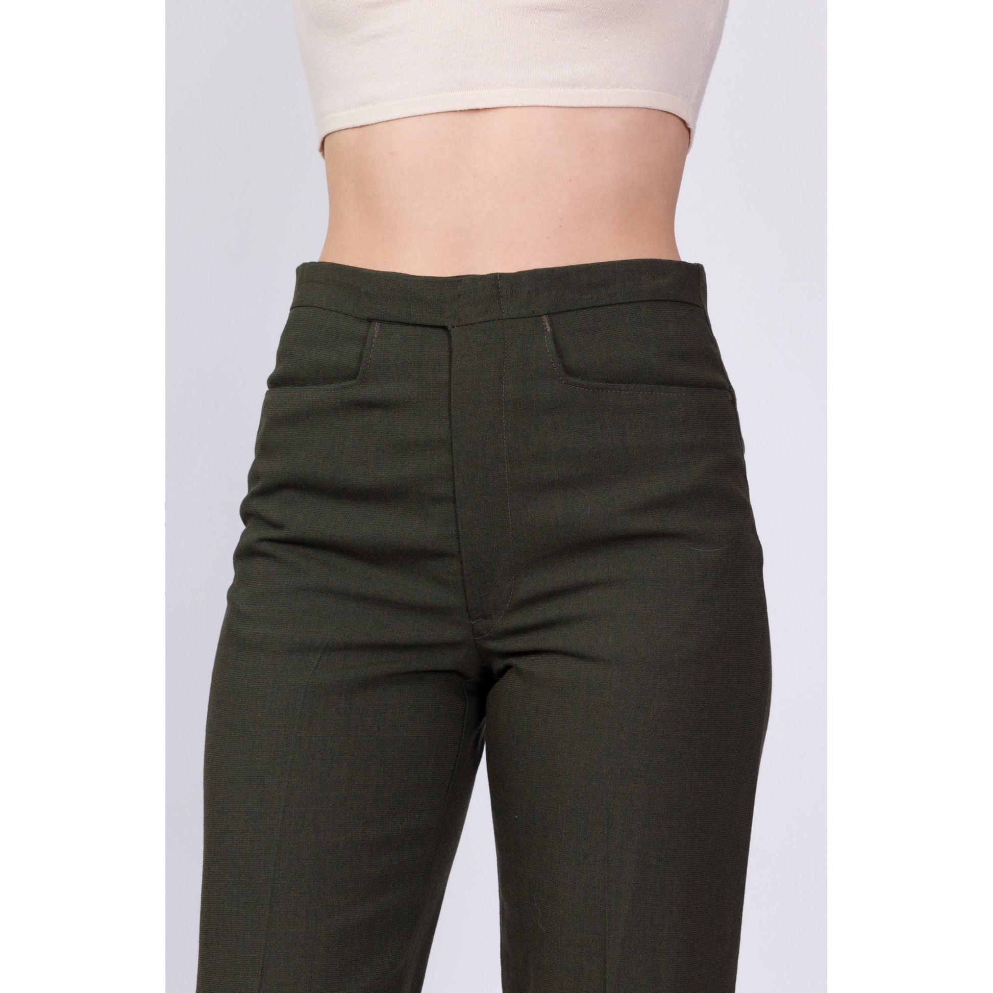 70s Men's Army Green Slim Tapered Trousers - 31" Waist 
