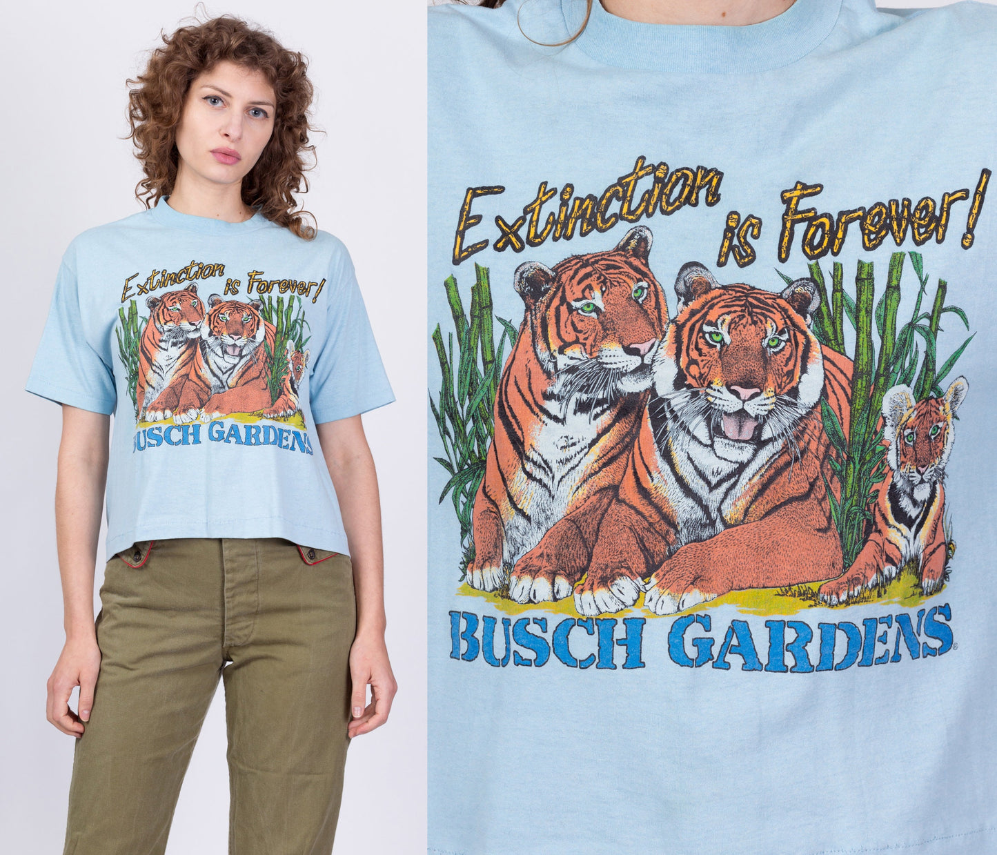 80s "Extinction Is Forever" Tiger Cropped T Shirt - Large 