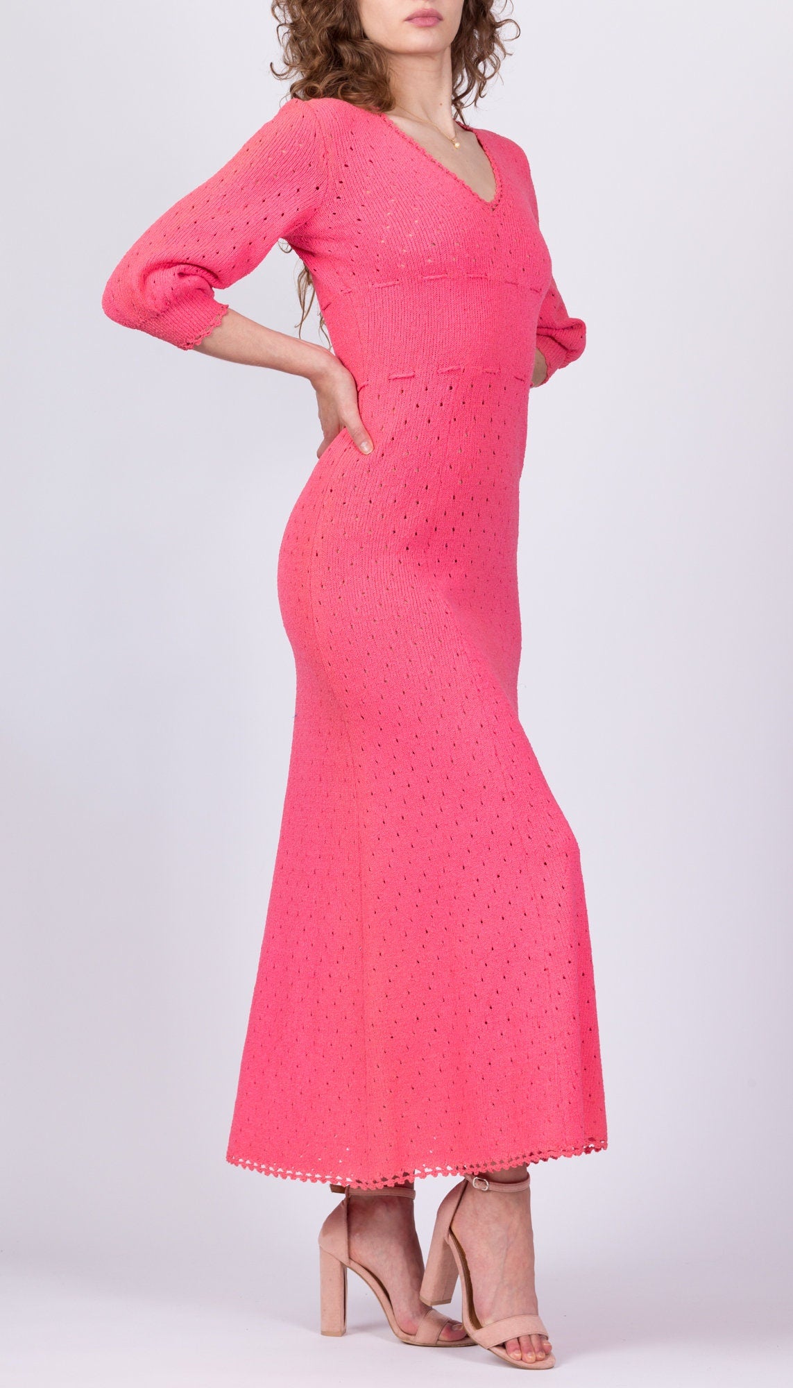 70s Picardo Knits Pink Eyelet Maxi Dress - Medium 