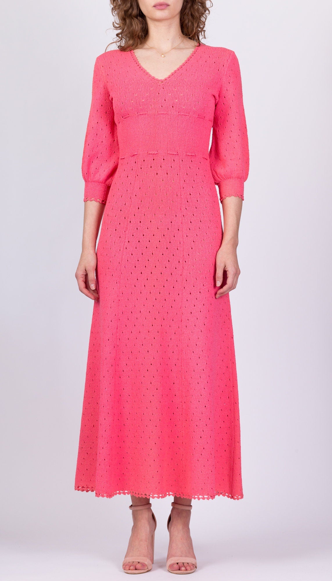 70s Picardo Knits Pink Eyelet Maxi Dress - Medium 