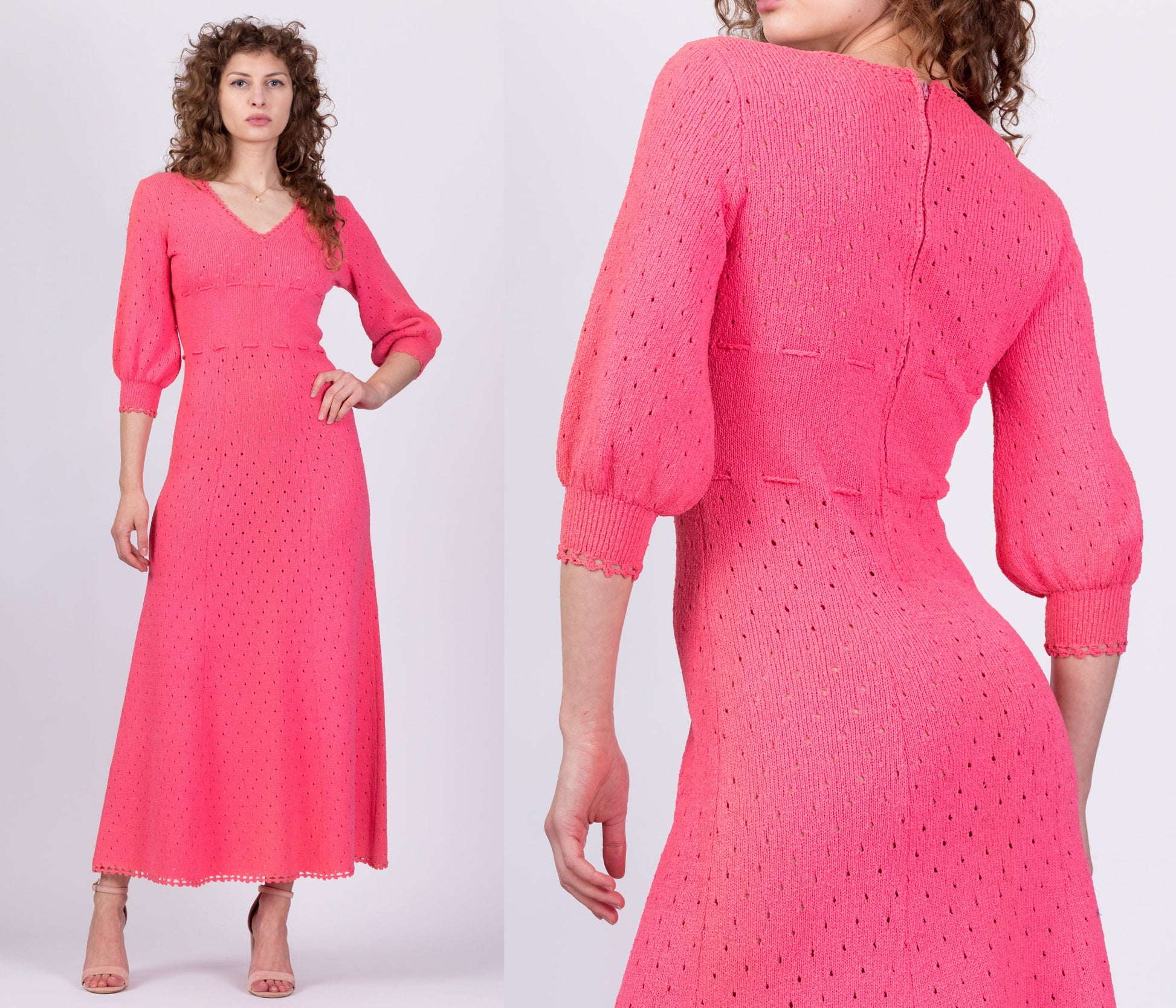 70s Picardo Knits Pink Eyelet Maxi Dress - Medium 