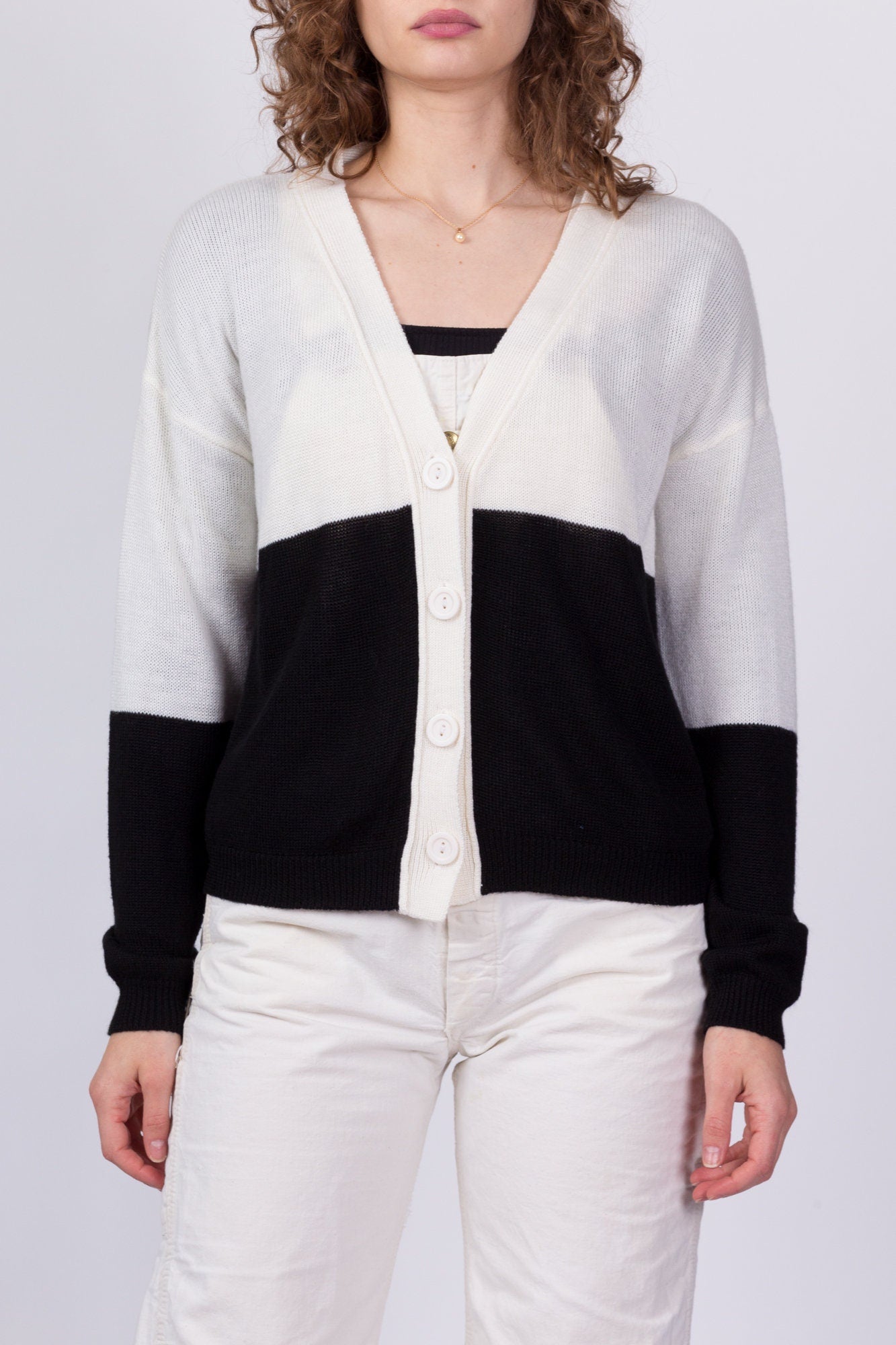 80s Black & White Color Block Cardigan - Medium 