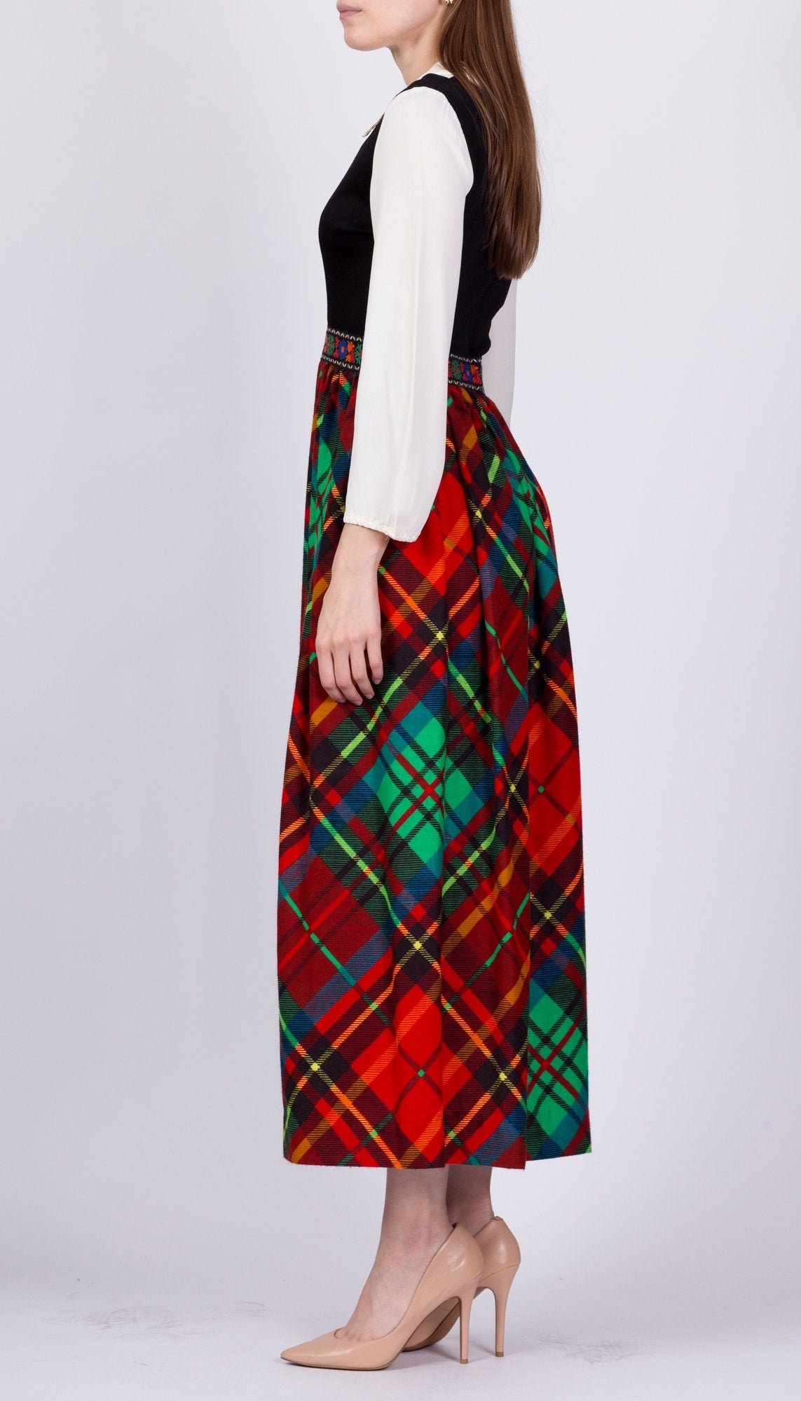70s Plaid Hostess Maxi Dress - XS to Small 
