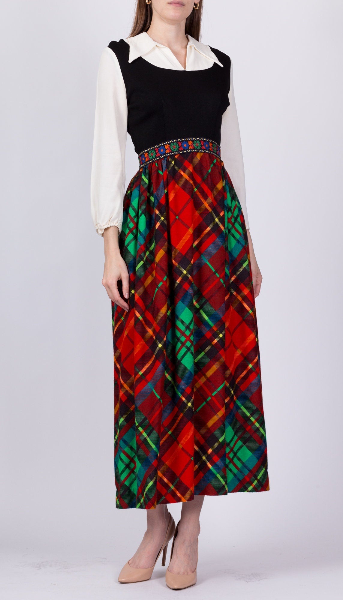70s Plaid Hostess Maxi Dress - XS to Small 