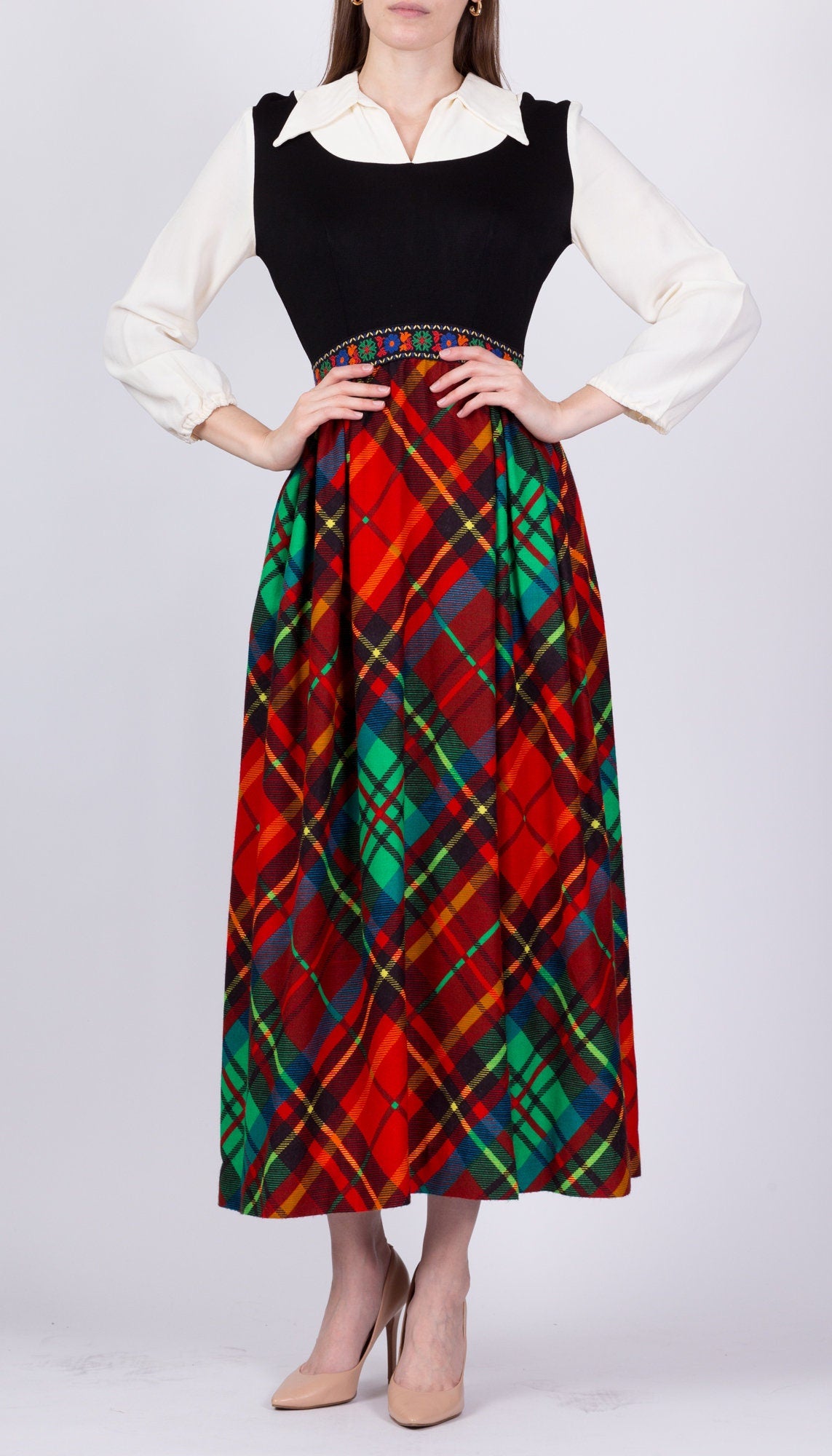 70s Plaid Hostess Maxi Dress - XS to Small 