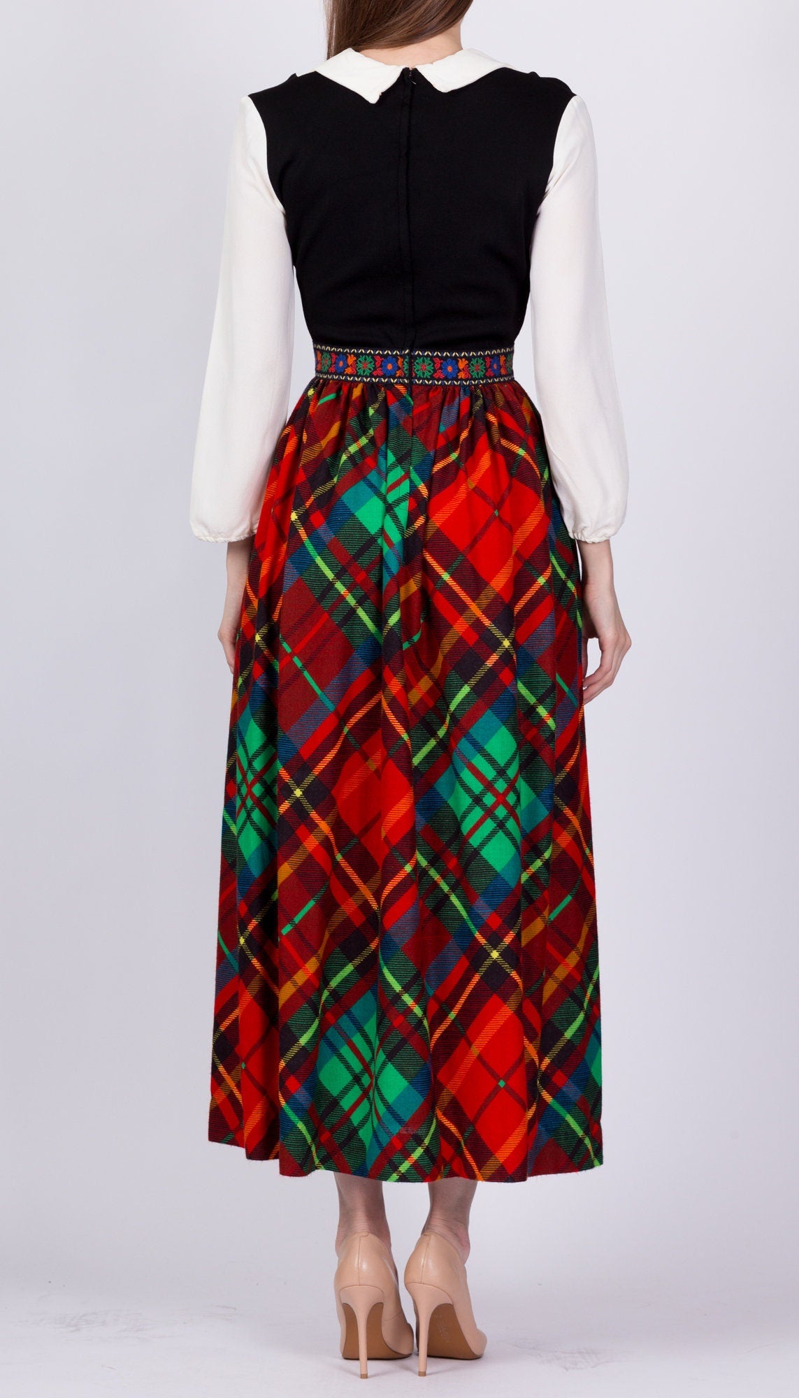 70s Plaid Hostess Maxi Dress - XS to Small 