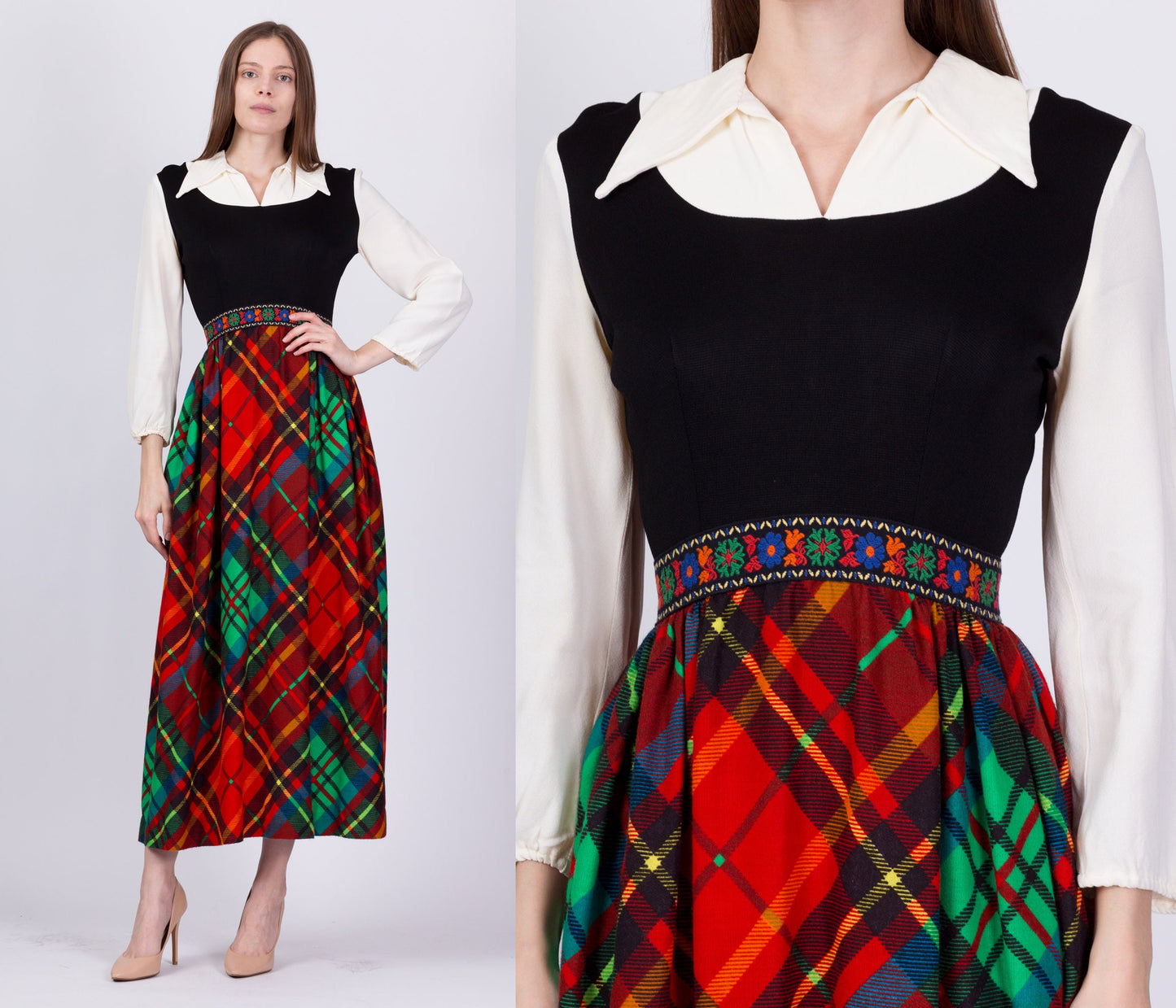 70s Plaid Hostess Maxi Dress - XS to Small 