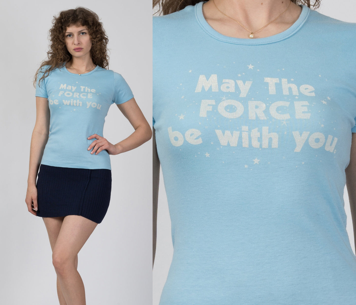 70s 80s Star Wars "May The Force Be With You" Fitted T Shirt - Small to Medium 