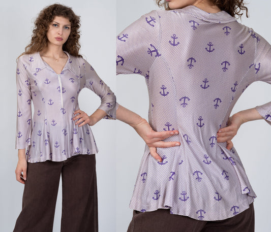 Retro 70s Anchor Print Blouse - Medium 
