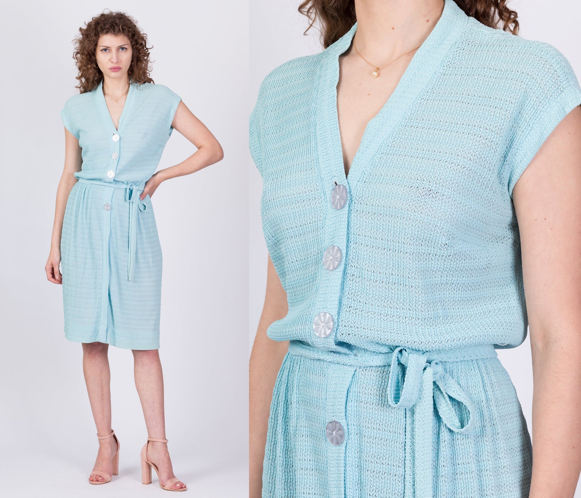 40s Robin's Egg Blue Knit Button Up Day Dress - Medium 