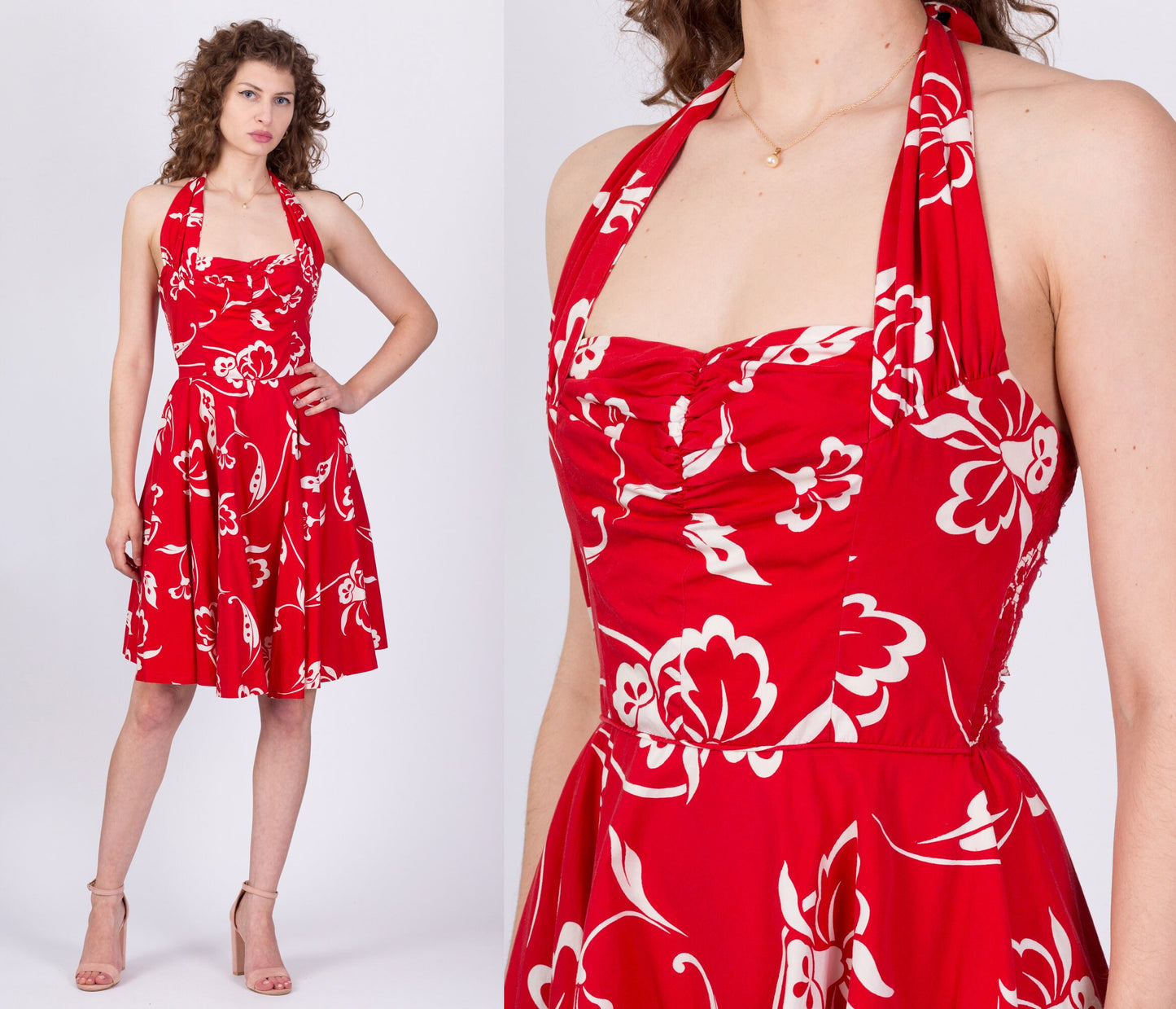 Vintage 40s 50s Red Tropical Floral Halter Day Dress - XS to Small 