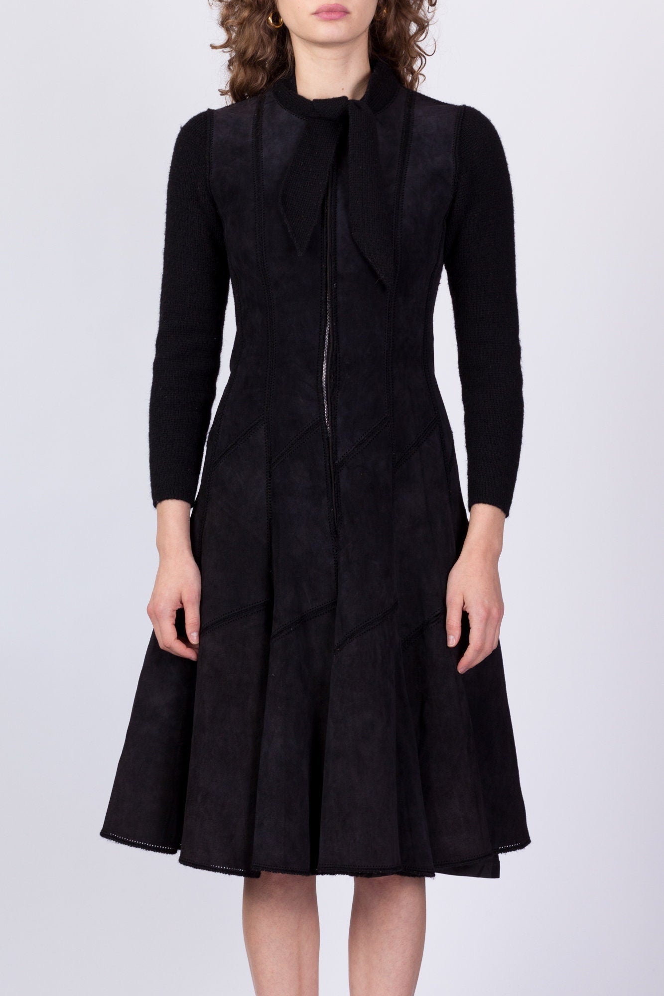 60s Marie Martine Black Patchwork Suede & Knit Dress, As Is - Small 