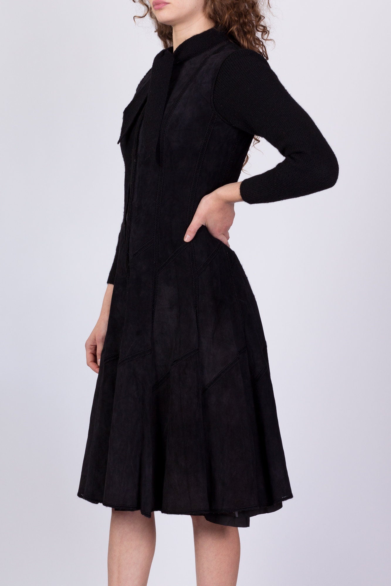 60s Marie Martine Black Patchwork Suede & Knit Dress, As Is - Small 