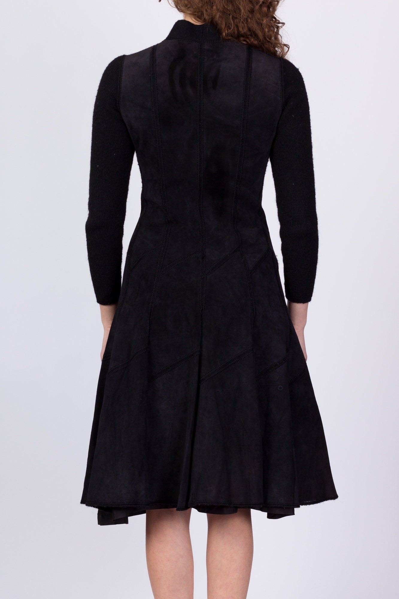60s Marie Martine Black Patchwork Suede & Knit Dress, As Is - Small 