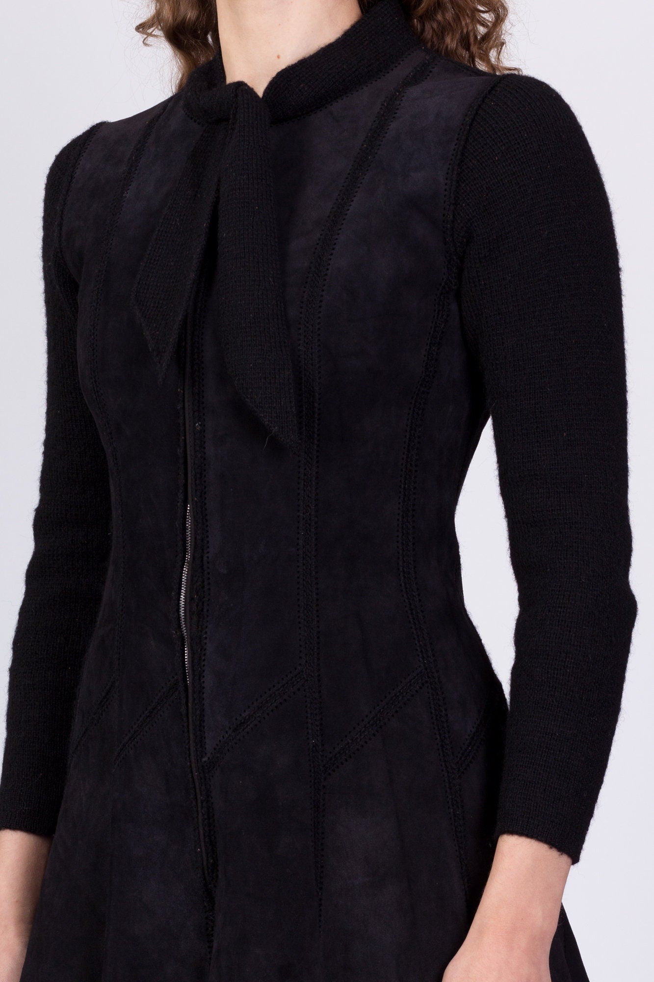60s Marie Martine Black Patchwork Suede & Knit Dress, As Is - Small 