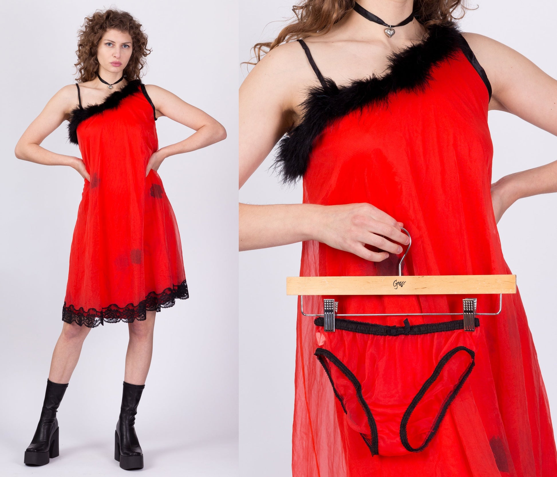 60s Red Black Lace & Marabou Feather Trim Chemise Set - Small 