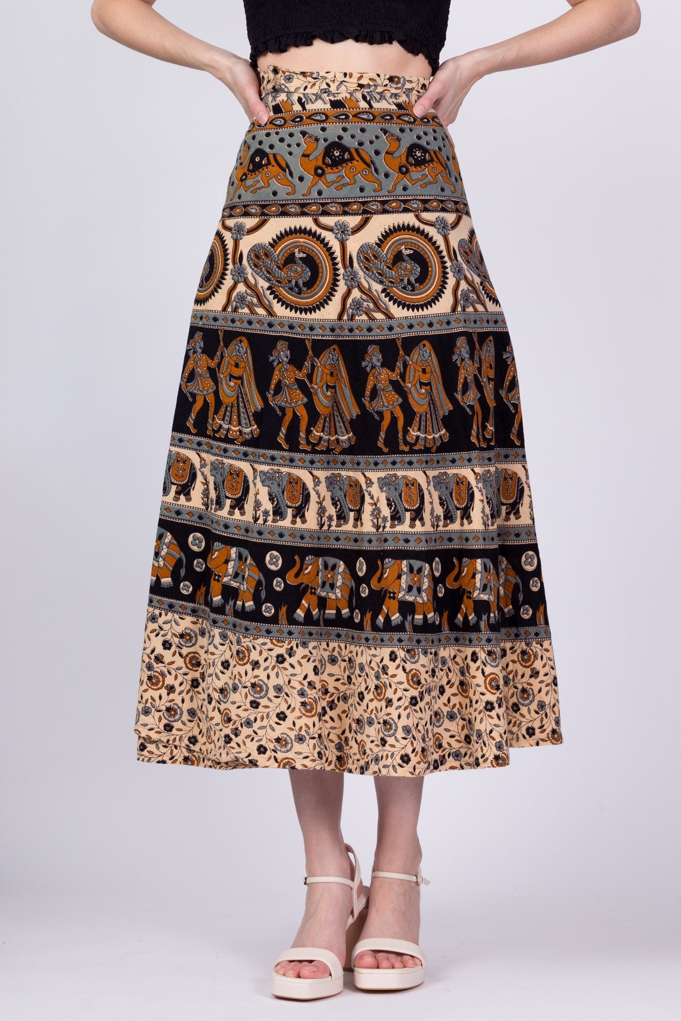 Vintage Indian Block Print Midi Wrap Skirt - Medium to Large 