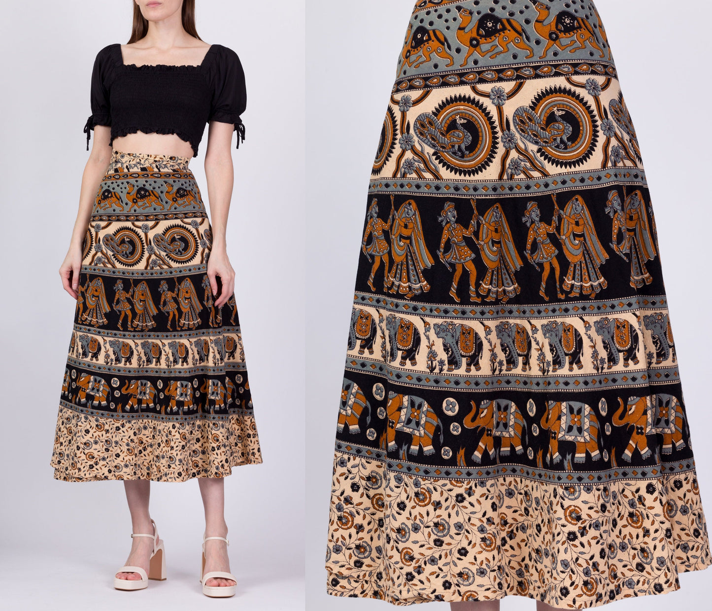 Vintage Indian Block Print Midi Wrap Skirt - Medium to Large 
