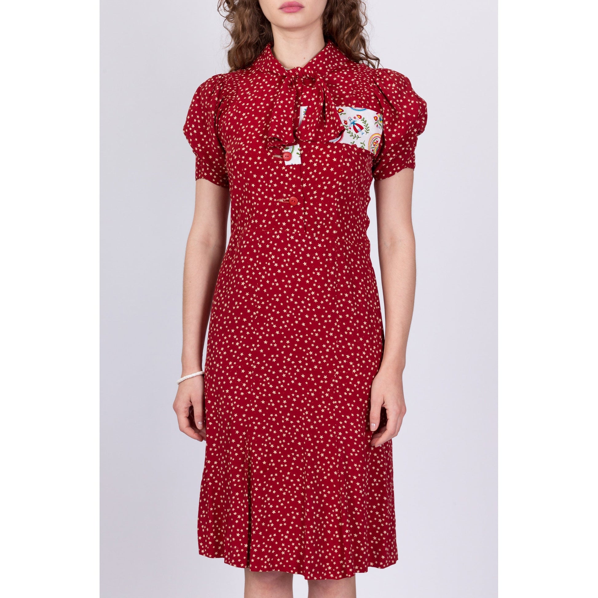 1940s Red Star Print Patched Day Dress, As Is - Small 